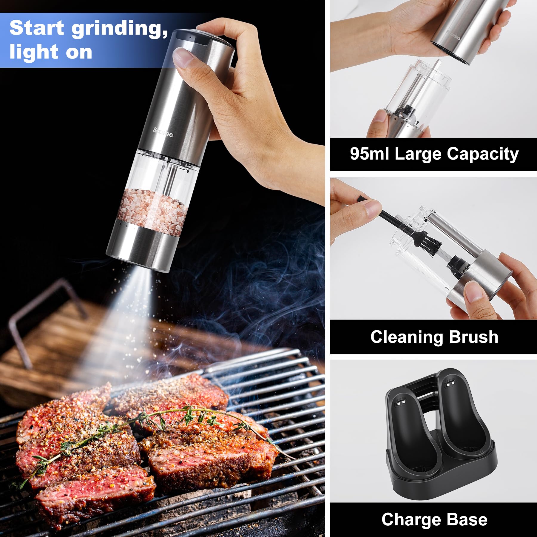 Electric Salt and Pepper Grinder Set - USB Rechargeable, One-Hand Operation, Adjustable Coarseness with LED Light - Perfect for Kitchen, Restaurant & Outdoor Dining