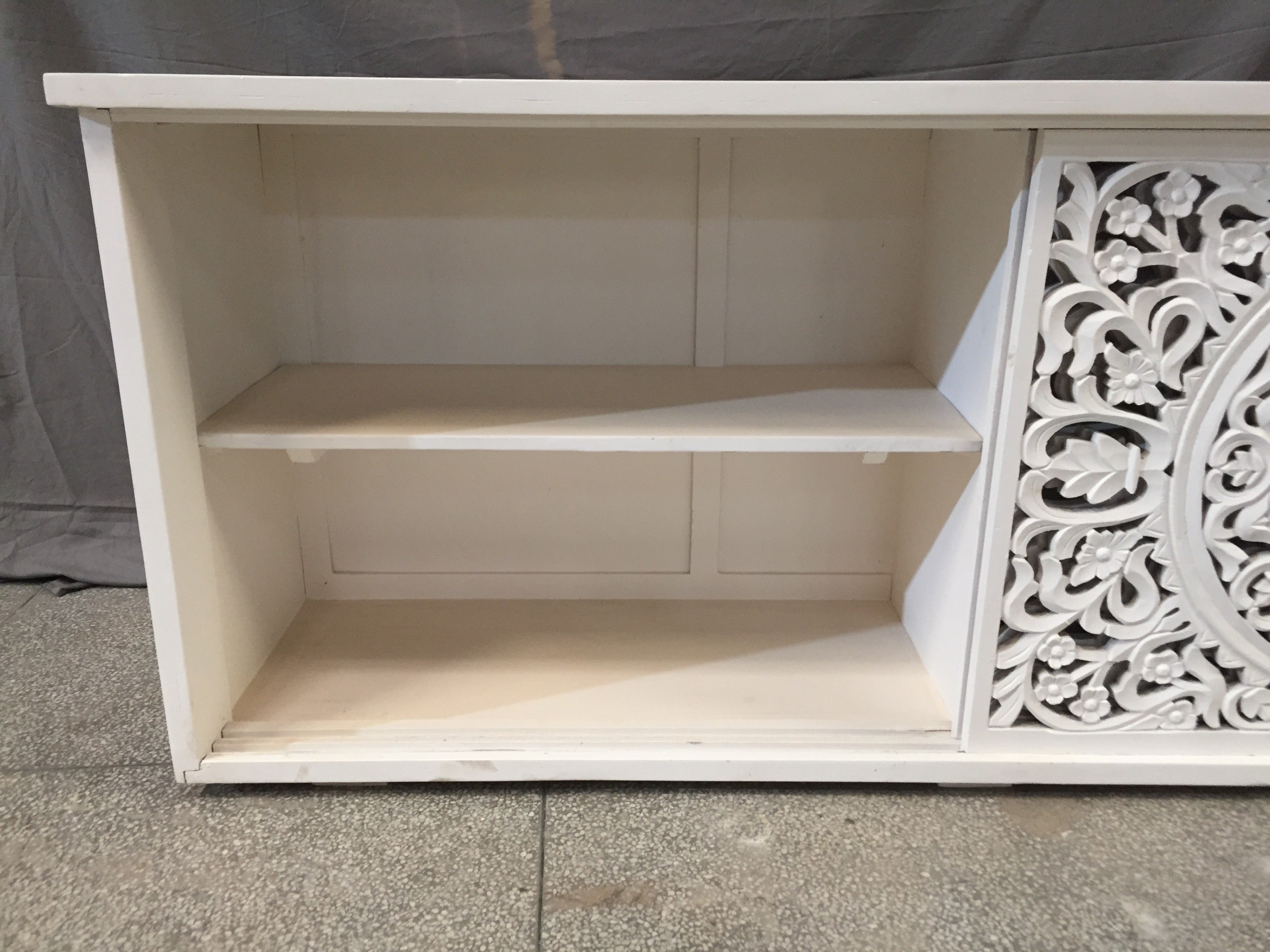 Hand Carved Indian Solid Wood Sideboard with Intricate Carved Doors - White - Perfect for Dining Room, Living Room, or Entryway Storage