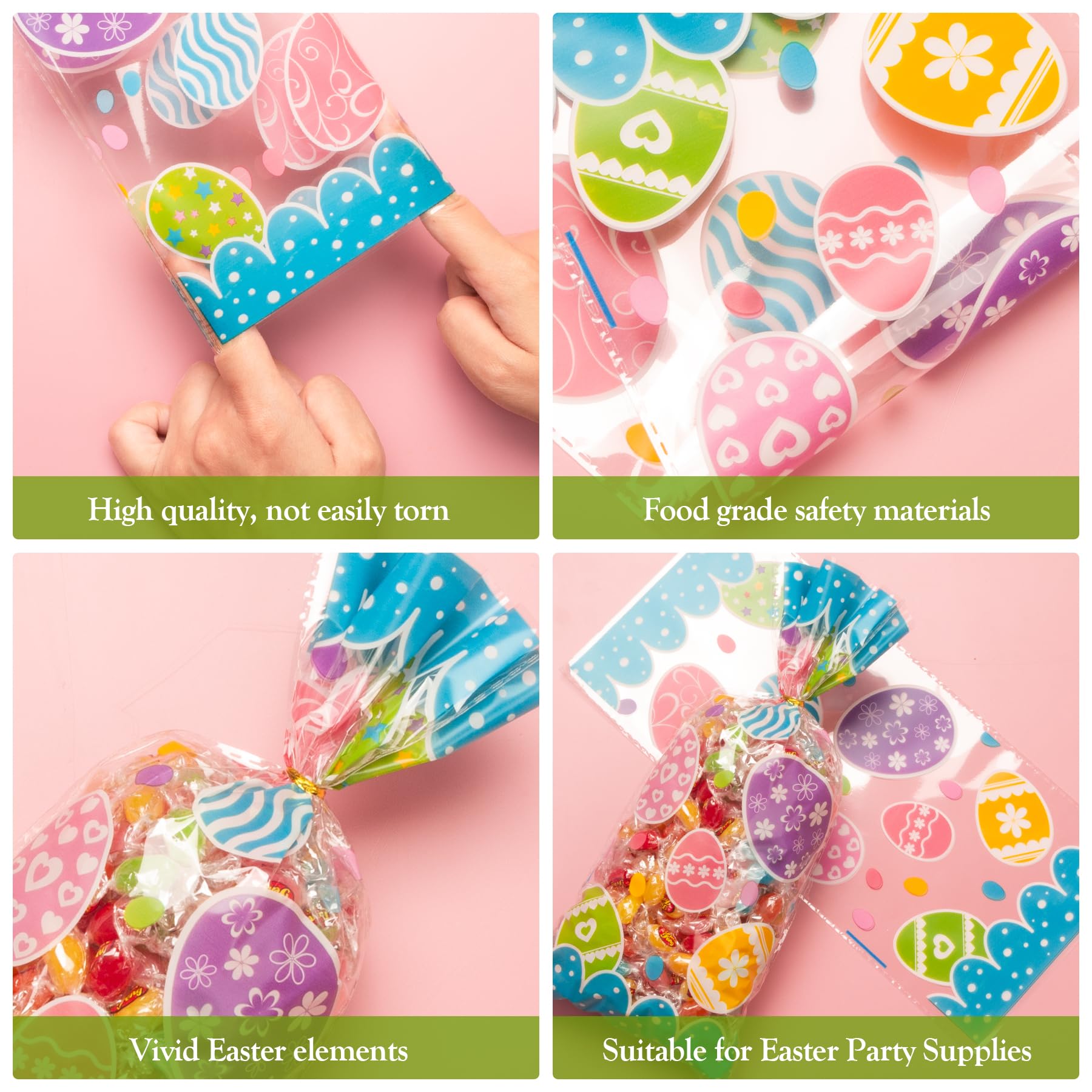 GOMANCHE 100-Piece Easter Cellophane Candy Bags with Gold Twist Ties - Colorful Easter Treat Bags for Party Favors, Goodie Cookies & Gift Giving - Perfect for Easter Celebrations, Classroom Treats & Holiday Events