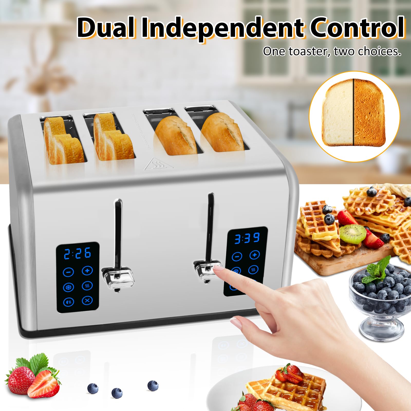 4 Slice Toaster with Extra-Wide Slots - Dual Independent Controls, 6 Toast Levels, Defrost/Reheat/Bagel Functions - 1650W Stainless Steel Toaster for Bagels, Thick Bread & Pastries - Perfect for Breakfast, Brunch & Family Dining