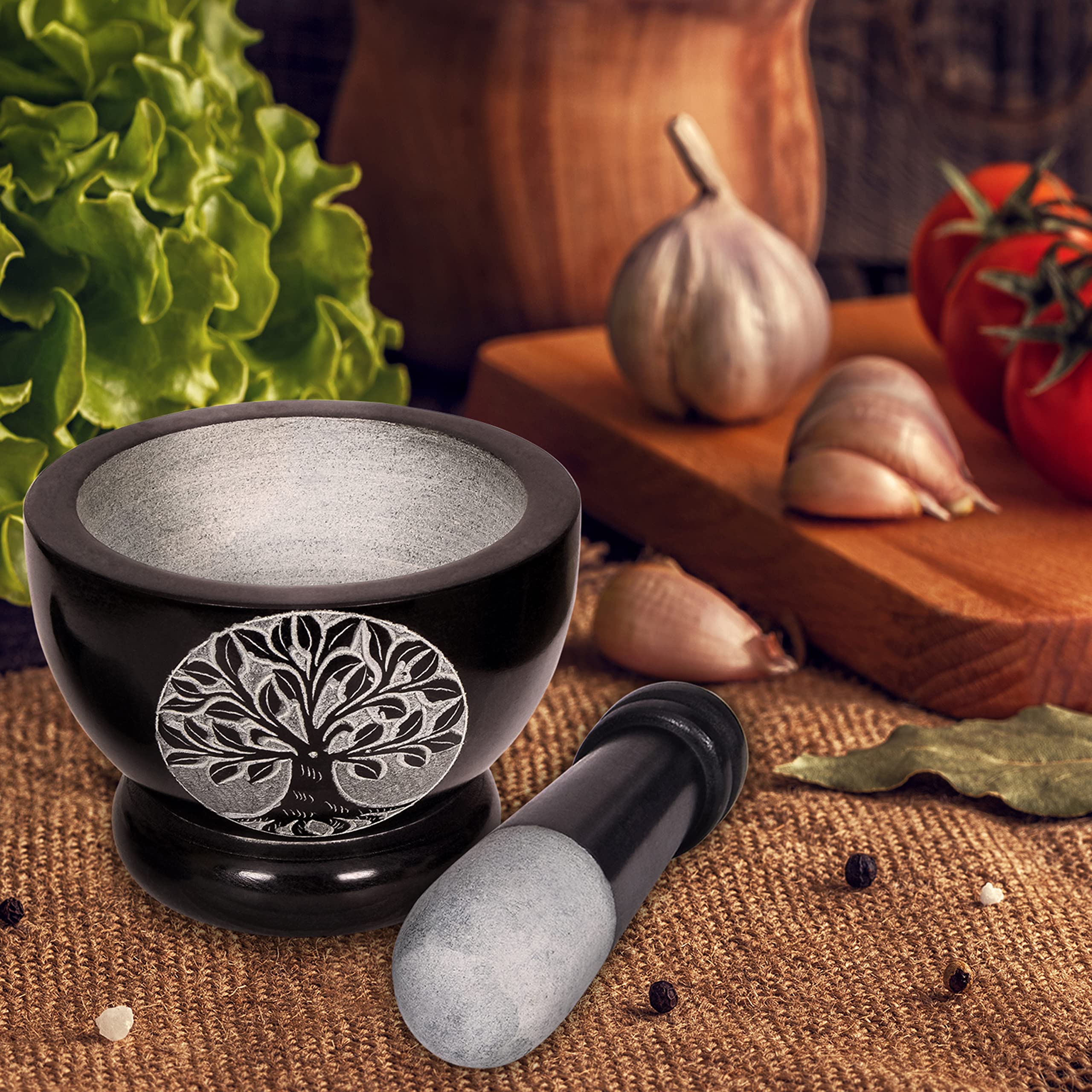 Premium Mortar and Pestle Set - Heavy Duty Polished Natural Stone Spice Grinder for Herbs, Seasonings, Pastes & More (Tree of Life Design) - Perfect for Kitchen, Apothecary & Ayurvedic Cooking