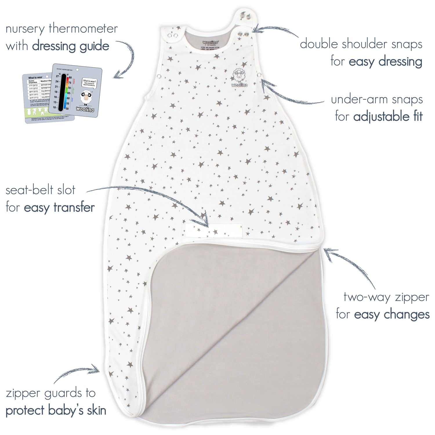 4 Season Ultimate Baby Sleep Bag - Merino Wool & Organic Cotton for Infants 2 Months to 2 Years - Soft & Breathable Birch Gray - Perfect for Nursery, Daycare & Travel