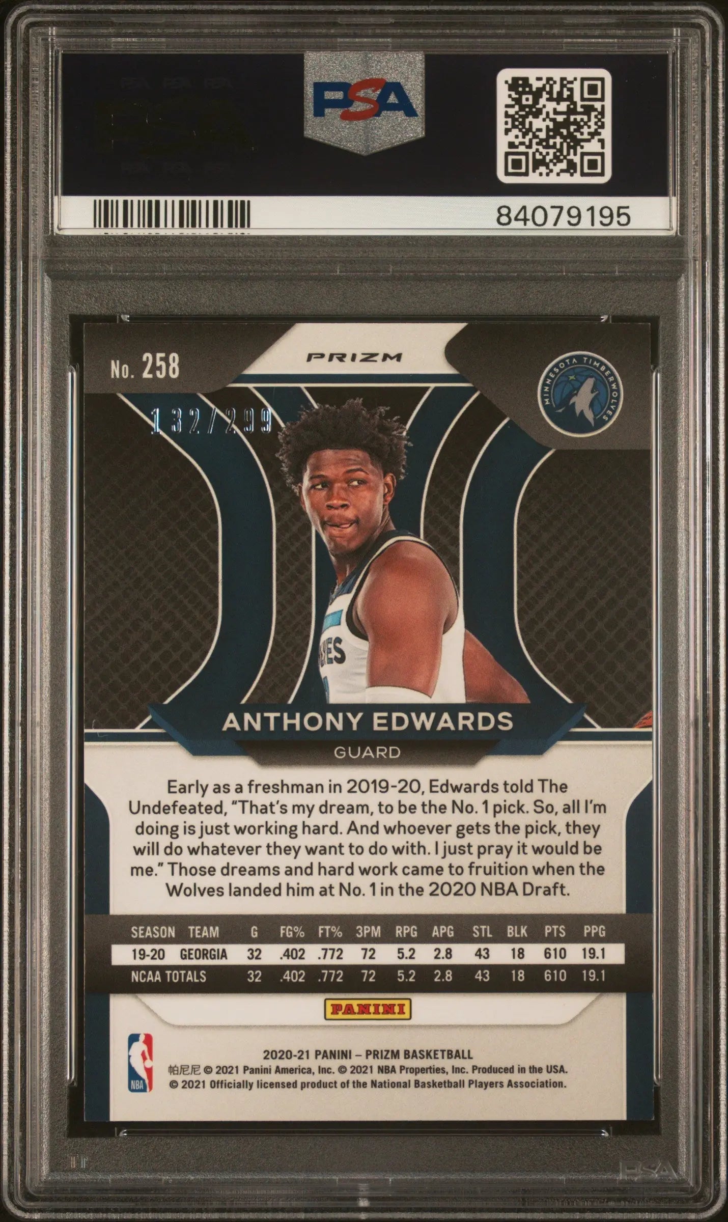 2020 Panini Prizm Basketball Anthony Edwards Rookie Card Red Prizm PSA 9 Gem Mint 132/299 - Perfect for NBA Collectors & Sports Memorabilia Enthusiasts