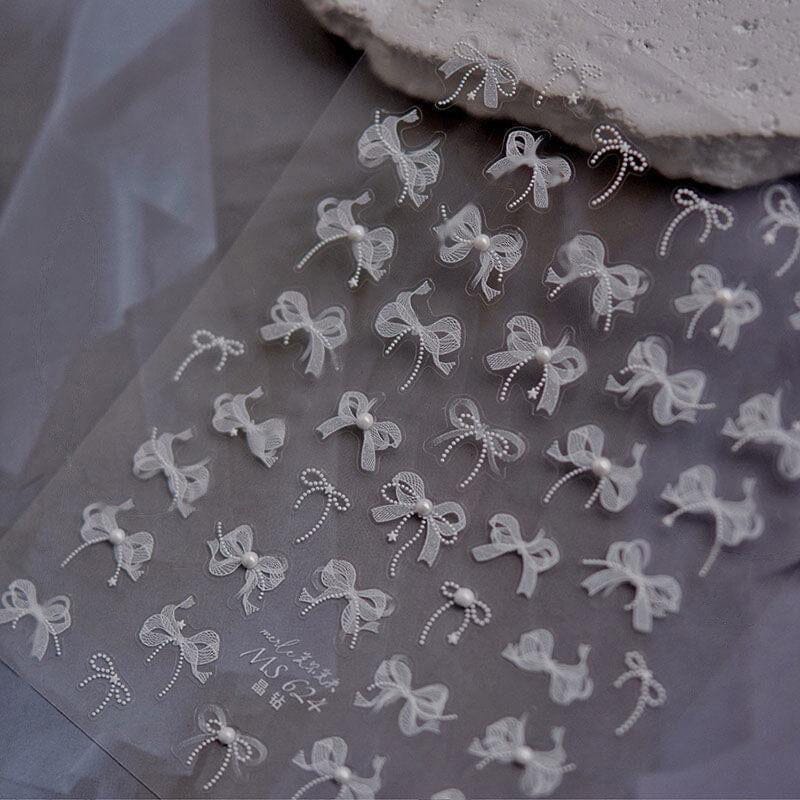 3D White Lace Bowknot Nail Stickers with Rhinestones - T355 #01 for Manicure, Nail Art, and Special Occasions