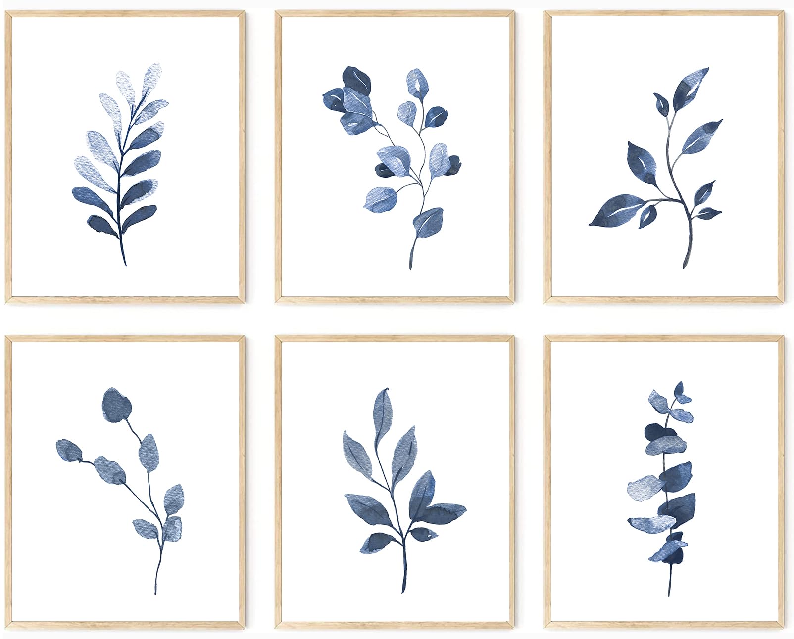 Set of 6 Navy Blue Botanical Art Prints - Minimalist Abstract Watercolor Leaf & Plant Wall Decor - Blue White Boho Floral Canvas Paintings for Bedroom & Living Room - Perfect for Home Office, Nursery or Gift