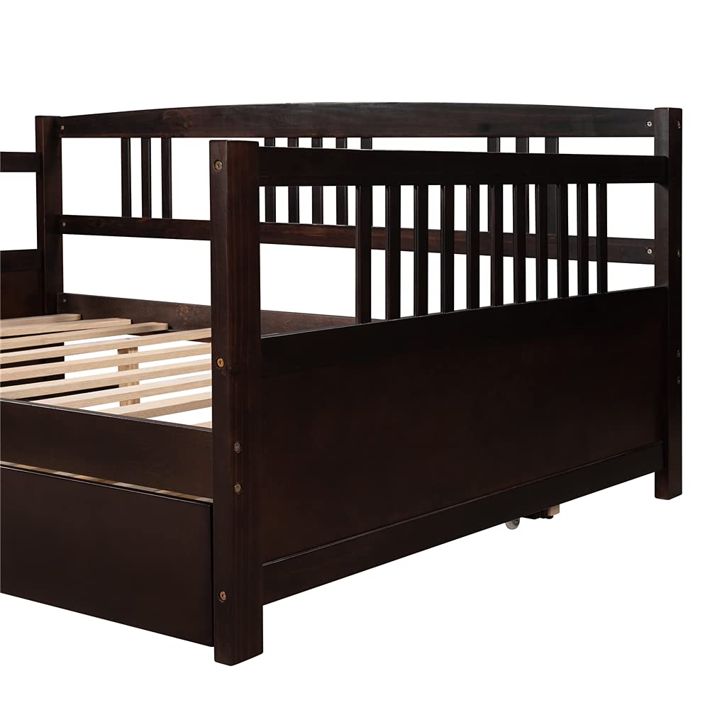 Kids Daybed Sofa Bed with Pull-Out Trundle - Pinewood Frame with Guardrails & Wood Slats - Full Size Espresso Finish - Perfect for Sleepovers, Guest Rooms & Small Spaces