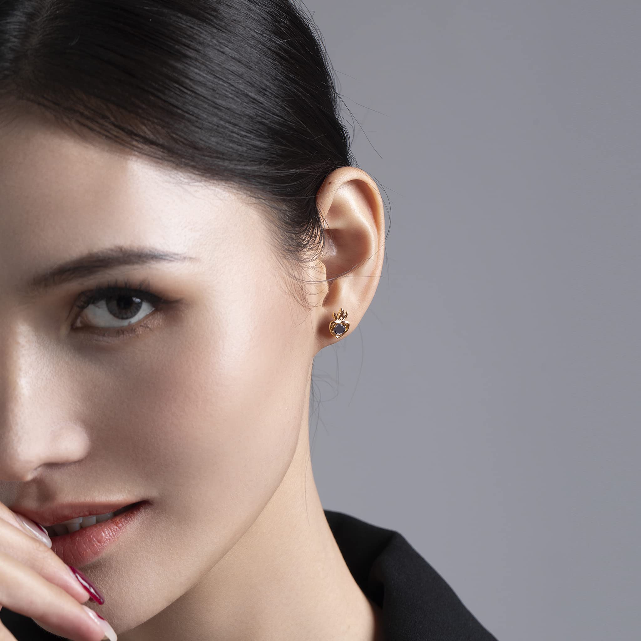Black Diamond Heart Stud Earrings - Dainty Gold Stackable Small Earrings - Black Tourmaline April Birthstone Alternative - Multiple Piercing Jewelry for Everyday Wear & Special Occasions