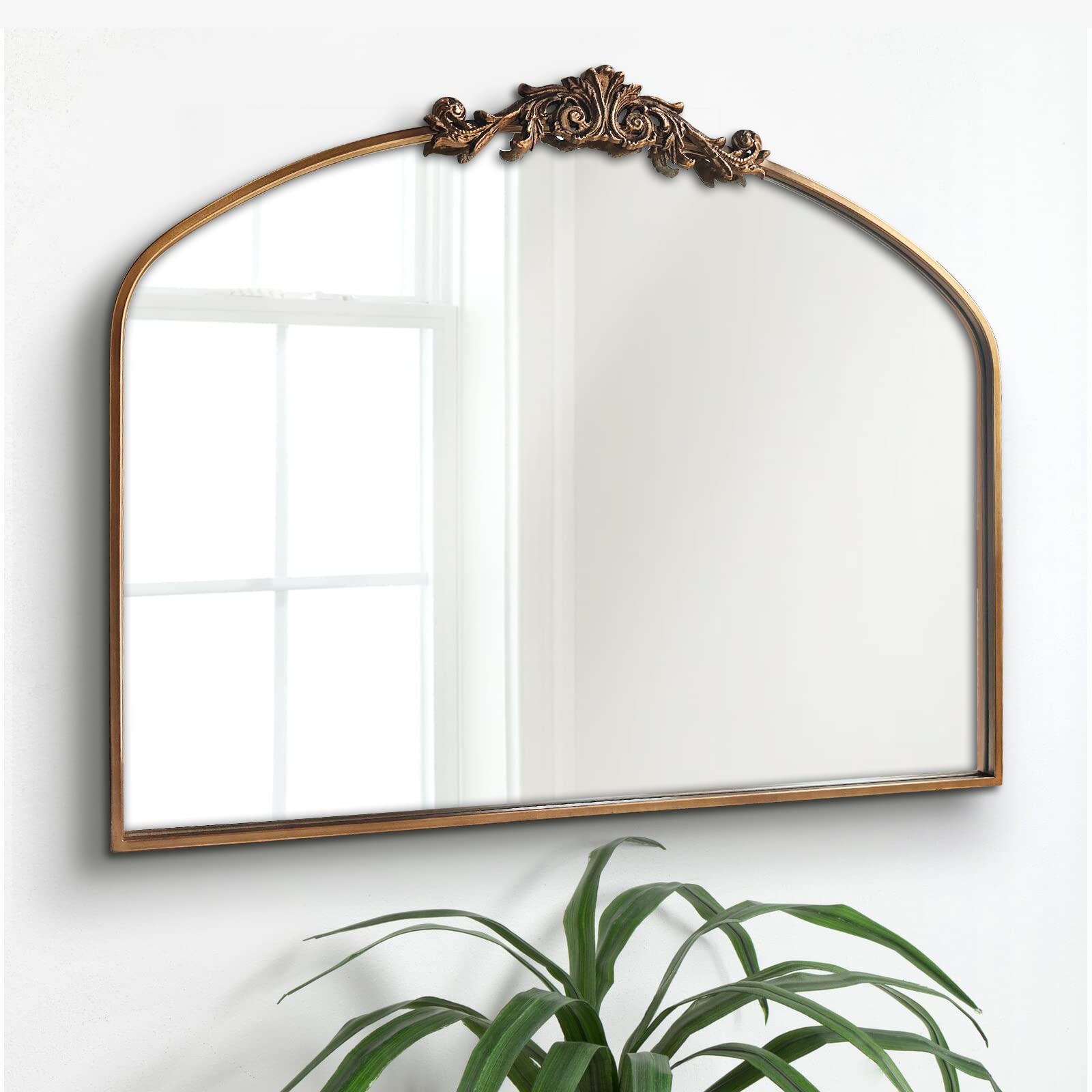 Gold Arched Mirror - Baroque Brass Fireplace Mirror Decor | Victorian Vintage Full Metal Frame Mirror | Ornate Wall Mirror for Entryway, Bathroom, Living Room & Hallway (36x30 Inches) | Perfect for Home Decor, Wedding Backdrops & Photo Shoot Props