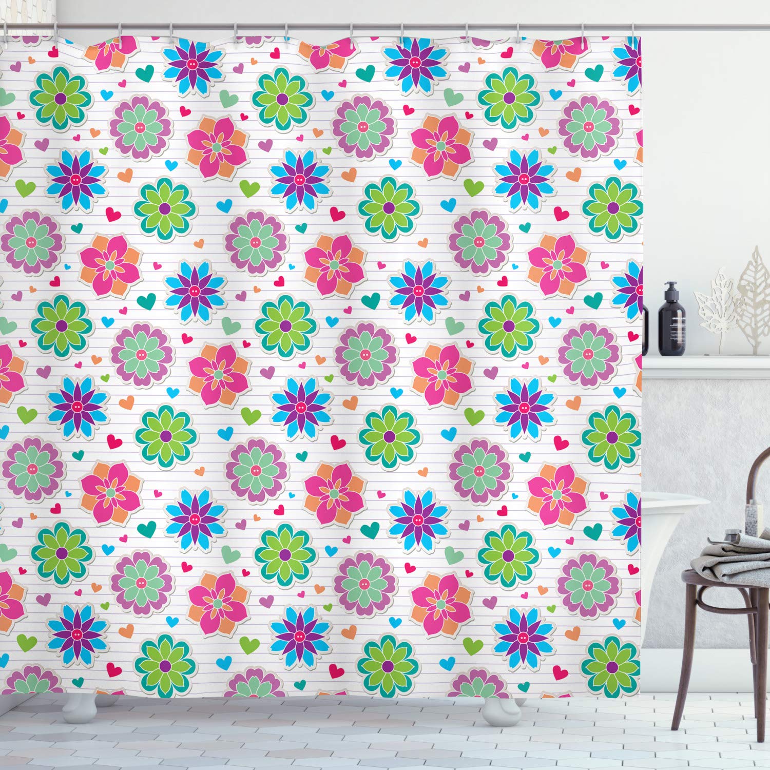 Ambesonne Retro Shower Curtain - Notebook Style Floral Bathroom Decor with Chamomile Flowers & Hearts, 69x84 Inch Waterproof Fabric Set with Hooks - Perfect for Vintage Style Bathrooms, Guest Baths & Boho Home Decor