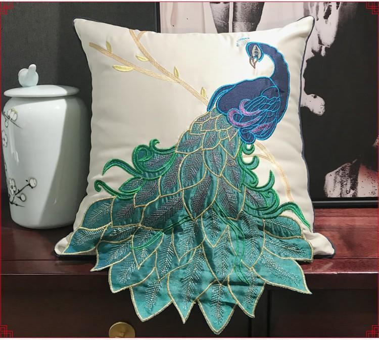 Embroidered Peacock Cotton & Linen Decorative Throw Pillows - Elegant Sofa & Couch Pillow Covers for Living Room, Bedroom Decor