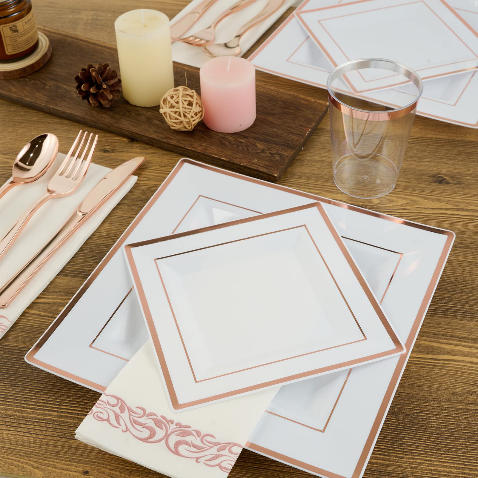 175-Piece Rose Gold Disposable Dinnerware Set for 25 Guests - Elegant Square Plastic Plates with Metallic Rim - Includes 25 Dinner Plates, Dessert Plates, Napkins, Cups & Silverware - Perfect for Weddings, Parties & Special Events