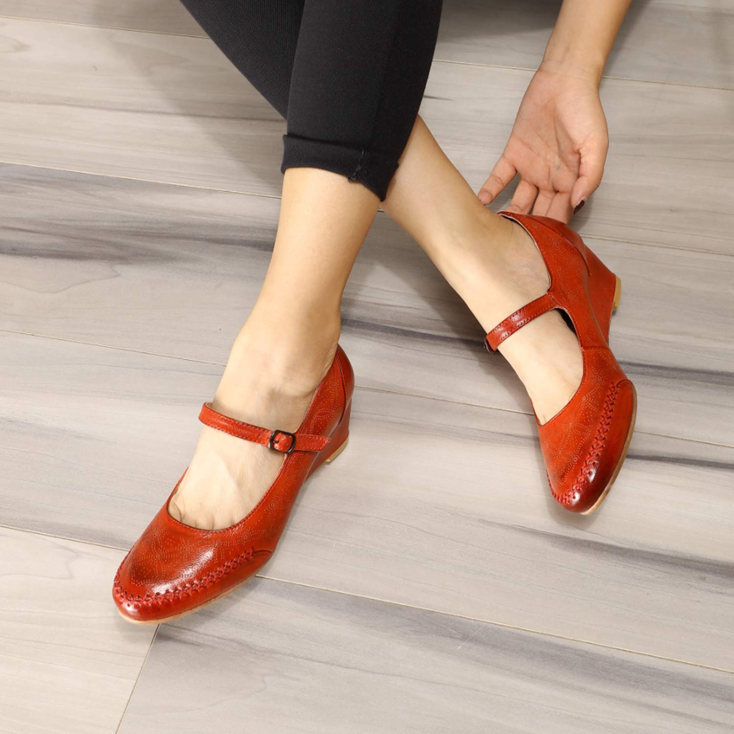 Women's Leather Mary Jane Wedge Pumps - Closed Toe Mid Heel Dress Shoes for Ladies | Comfortable & Stylish for Work, Parties & Weddings