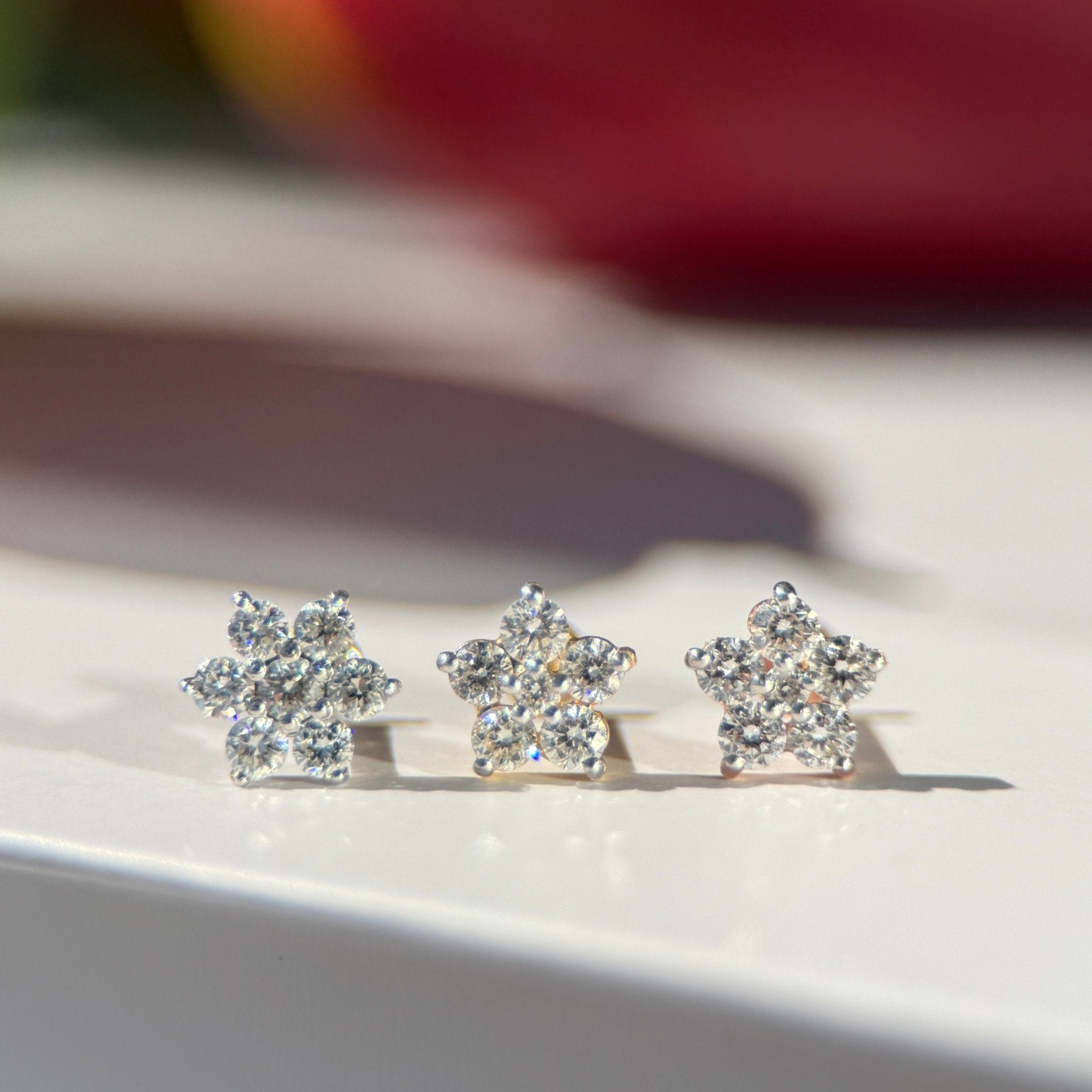 14k White Gold Seven Diamond Flower Flat Back Stud Earrings - Elegant & Dainty Jewelry for Women, Perfect for Weddings, Parties & Everyday Wear