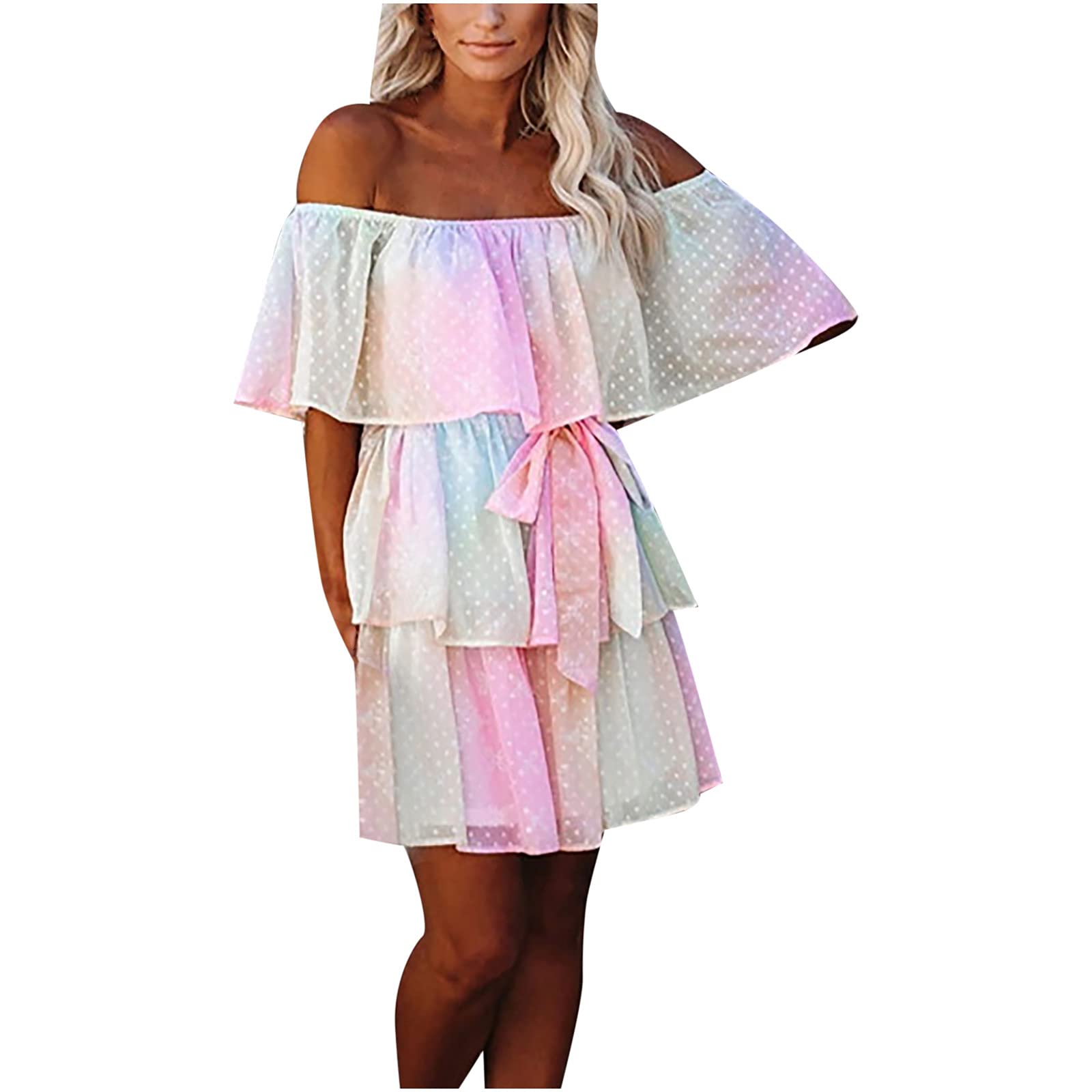 Luciava Women's Sexy Floral Print Off Shoulder Summer Dress - Short Ruffle Beach Dress for Vacation, Party, and Outdoor Activities