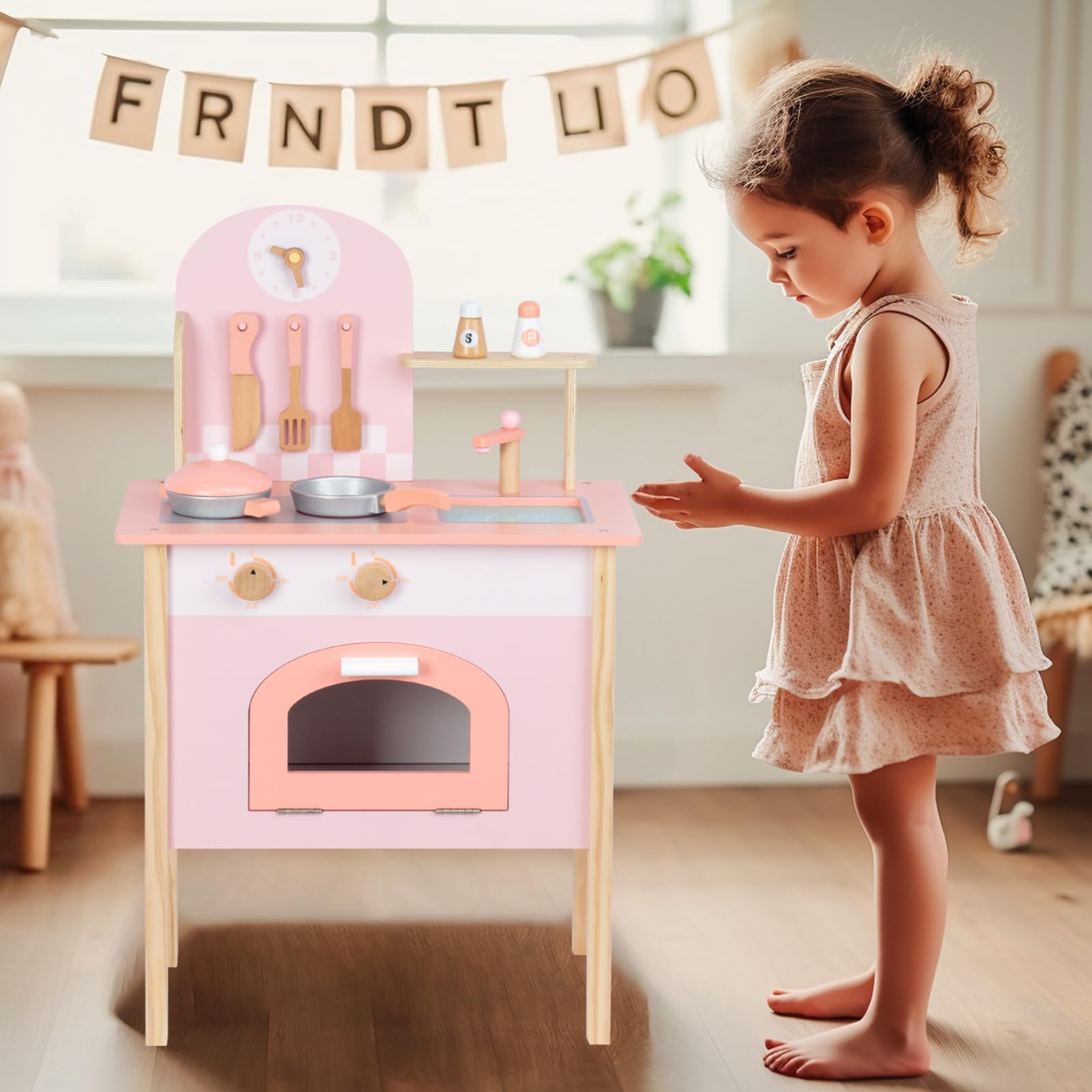 Wooden Pink Kitchen Playset for Kids - Pretend Play Kitchen Utensils & Accessories, Montessori Learning Toy, Pretend Cooking Playset for Girls 3+, Ideal for Home & Preschool Playrooms