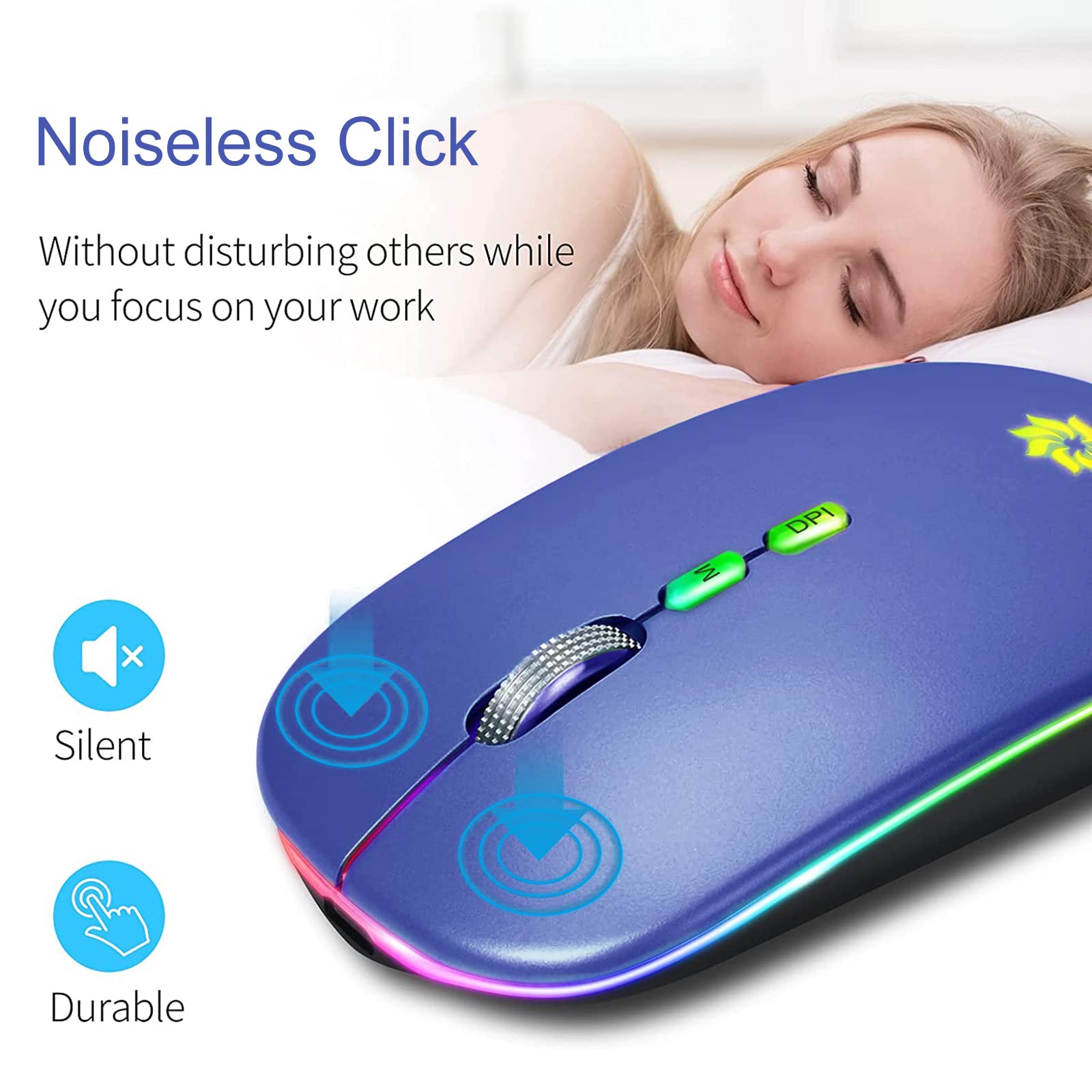 KBCASE Slim Silent Wireless Mouse - 2.4G Rechargeable LED Mouse for Laptop, MacBook, iPad, Chromebook with USB & Type-C Receiver - Perfect for Office, Home, and Travel Use