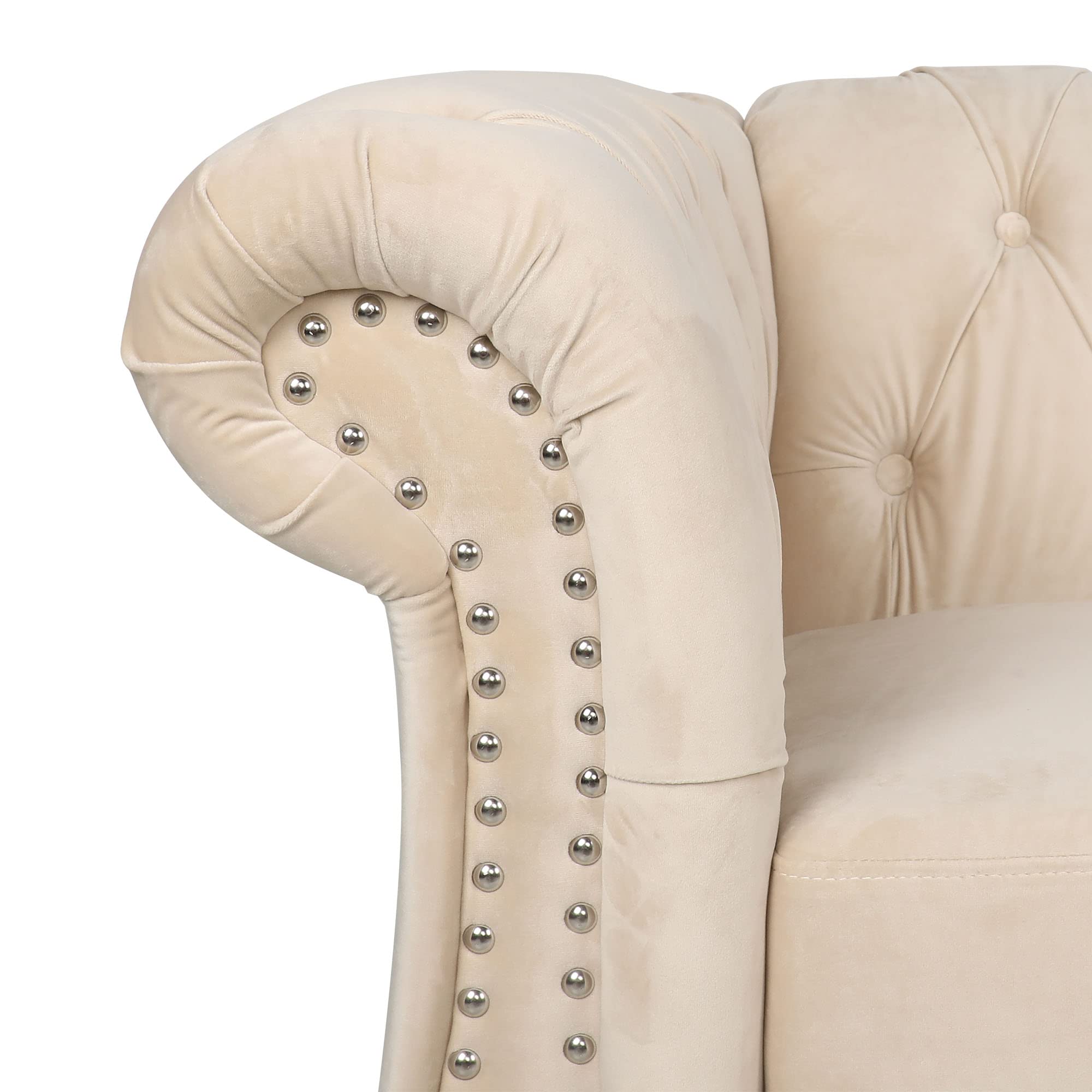 RARZOE 3-Piece Velvet Chesterfield Sofa Set - Modern Living Room Furniture with Nailhead Trim & Scroll Arms (Beige) | Sofa, Club Chair & Loveseat for Home, Office Lounge or Apartment Decor