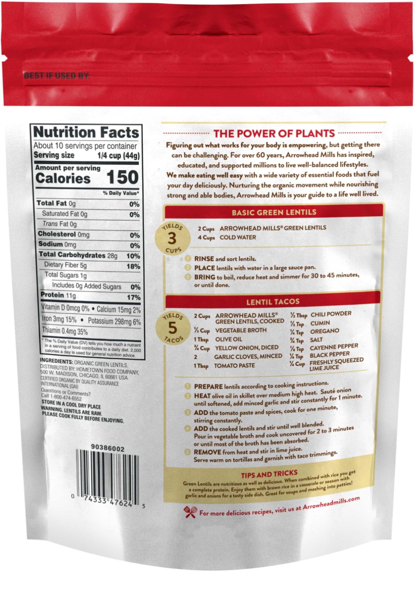 Organic Green Lentils by Arrowhead Mills - 16 oz Bag | Non-GMO, Gluten-Free, High Protein for Soups, Salads & Healthy Meals