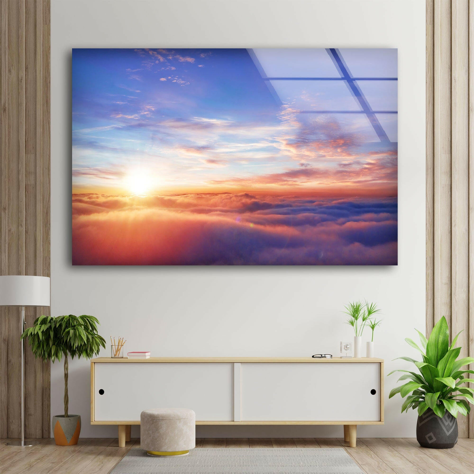 Stunning Sunrise on Glass Wall Art - Above the Clouds Panoramic Landscape Decor for Living Room, Bedroom & Office