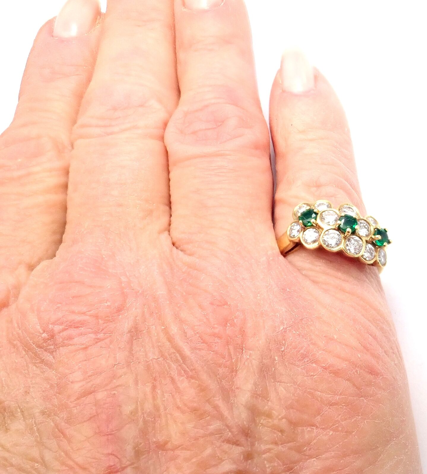 Authentic Van Cleef & Arpels 18k Yellow Gold Emerald Diamond Fleurette Ring for Women - Luxury Jewelry Gift for Anniversary, Engagement & Special Occasions