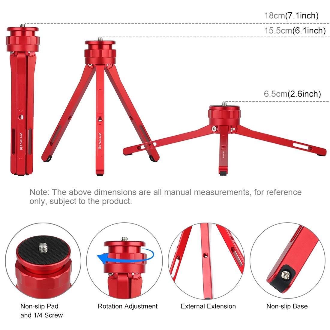 PULUZ Mini Tripod Stand VL05BK - Adjustable Aluminum Alloy Tabletop Tripod for DSLR, Digital Cameras & Smartphones | Perfect for Vlogging, Live Streaming, Photography & Video Shooting (Red)