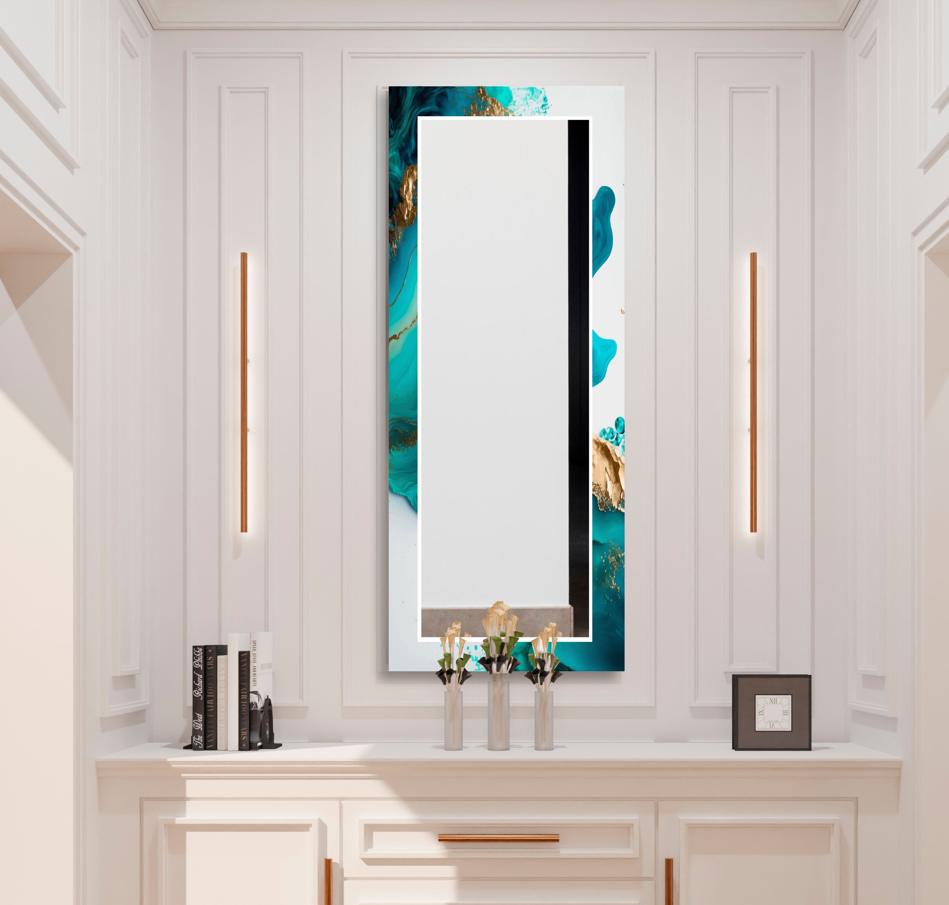 Aqua Marble Glass Wall Mirror with Turquoise Abstract Frame - Elegant Bathroom & Bedroom Decor for Modern Homes