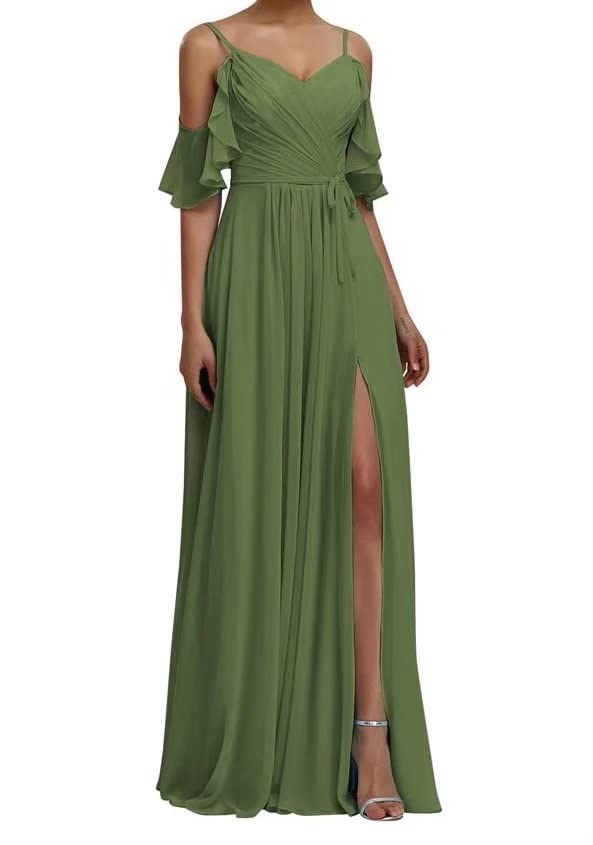 Olive Green Plus Size Bridesmaid Dresses for Women - Long Chiffon A-Line Prom Gown with Pockets | Formal Evening Party, Wedding Guest, Homecoming Dress | Elegant & Comfortable CO16-16W