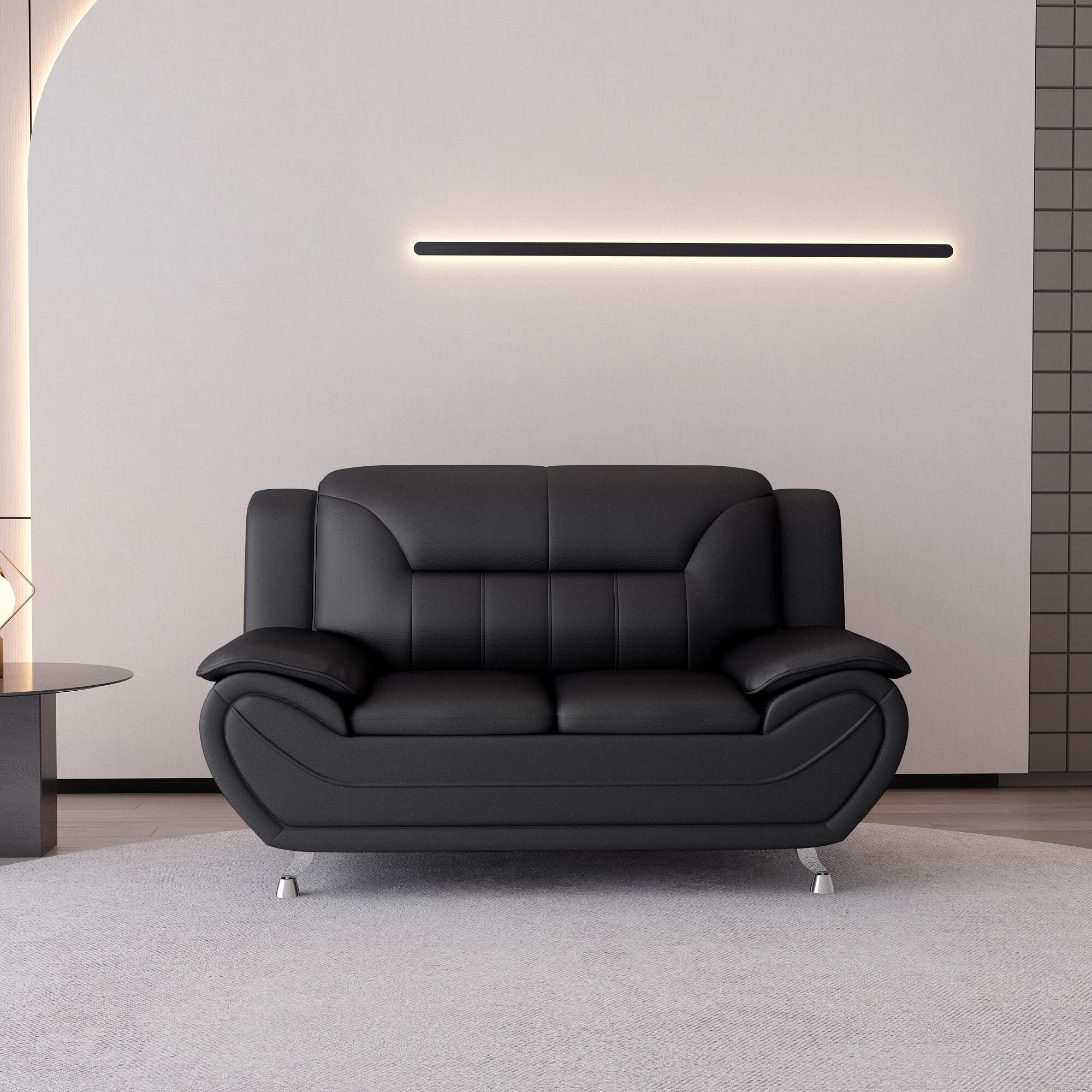 Michael Modern Faux Leather Loveseat with Stainless Steel Legs - Midnight Black | Comfortable Small Sofa for Living Room, Apartment & Office Waiting Area