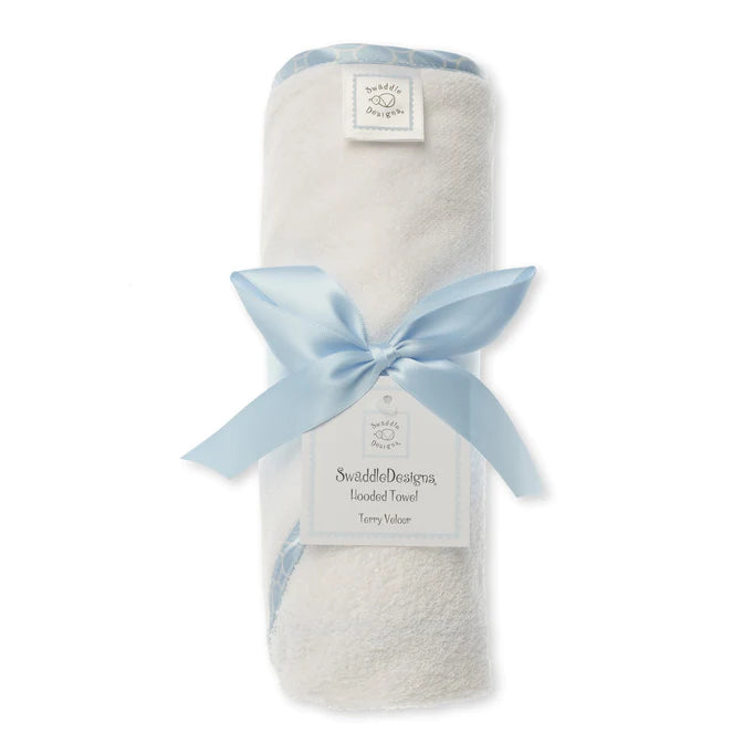 Terry Velour Hooded Baby Towel - Soft Mini Mod Circles Trim, Pastel Blue (BGB 0057) | Premium Absorbent Bath Towel for Newborns & Toddlers | Perfect for Bath Time, Swimming & Beach Outings