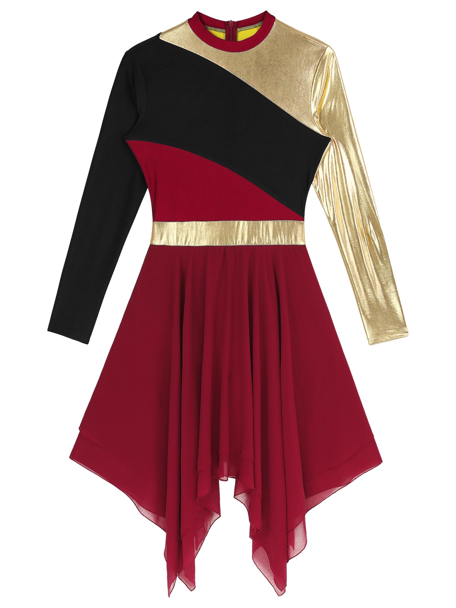 Women's Metallic Block Lyrical Praise Dance Tunic - Long Sleeve Bell Liturgical Worship Dress Costume for Church Performances & Spiritual Dance