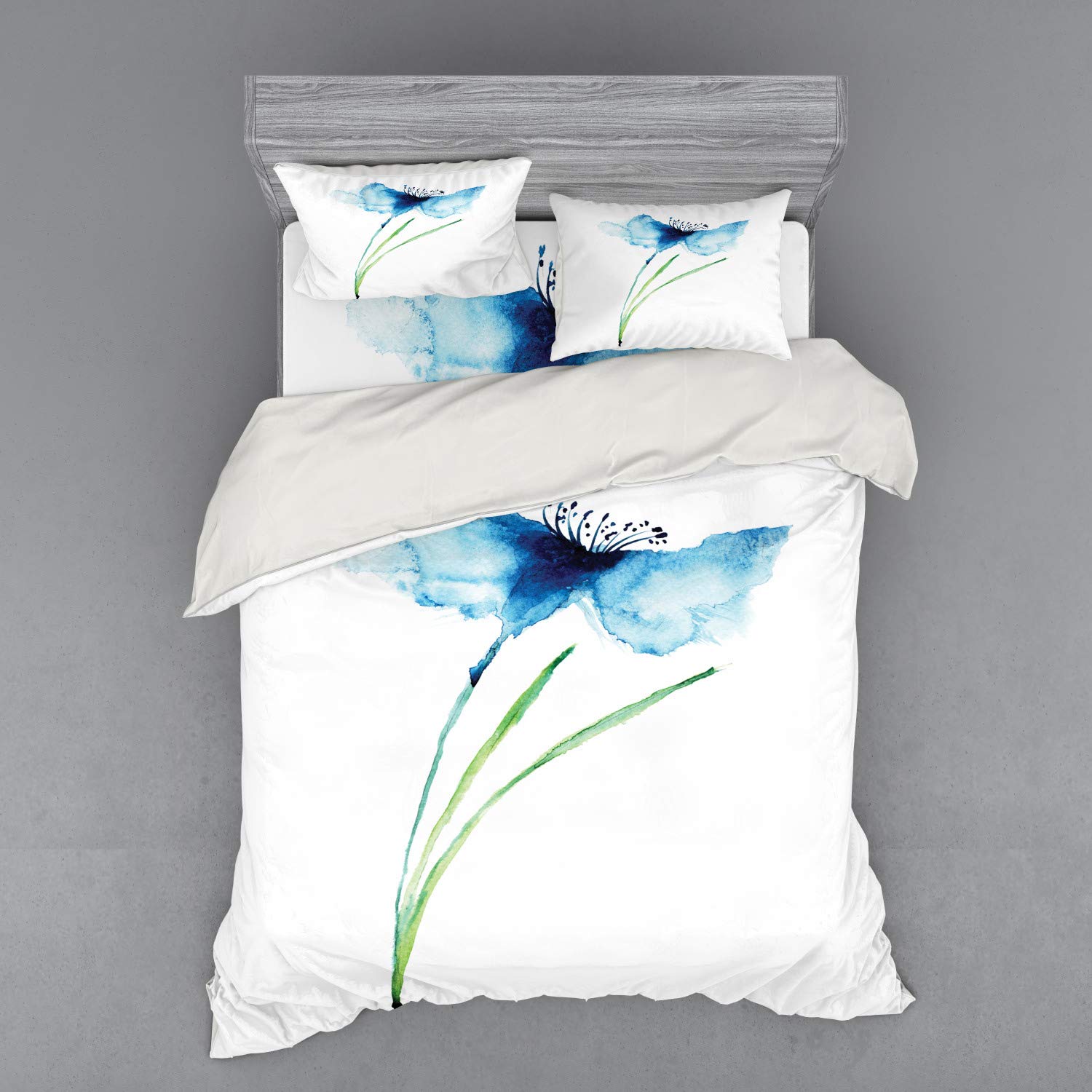 Ambesonne Watercolor Flower Bedding Set - Cornflower Summer Botanical Floral Duvet Cover with Shams & Fitted Sheet, 4-Piece Queen Size in Navy Blue White Green - Perfect for Spring & Summer Bedroom Decor, Guest Room Makeover, and Floral-Themed Home Styling