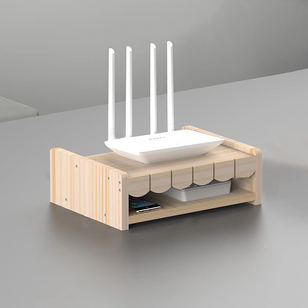 Wireless Router Shelf for Desktop - Wooden TV Box Organizer Stand with Storage (33x25x11cm) - Perfect for Living Room, Bedroom & Office Cable Management