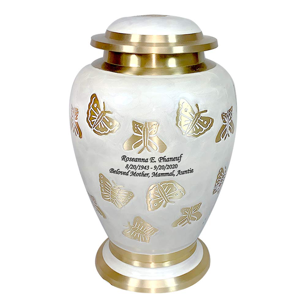 Personalized Butterfly Cremation Urn - Pearl White & Gold Adult Human Urn with Matching Keepsake & Velvet Bags for Memorial Services & Home Display