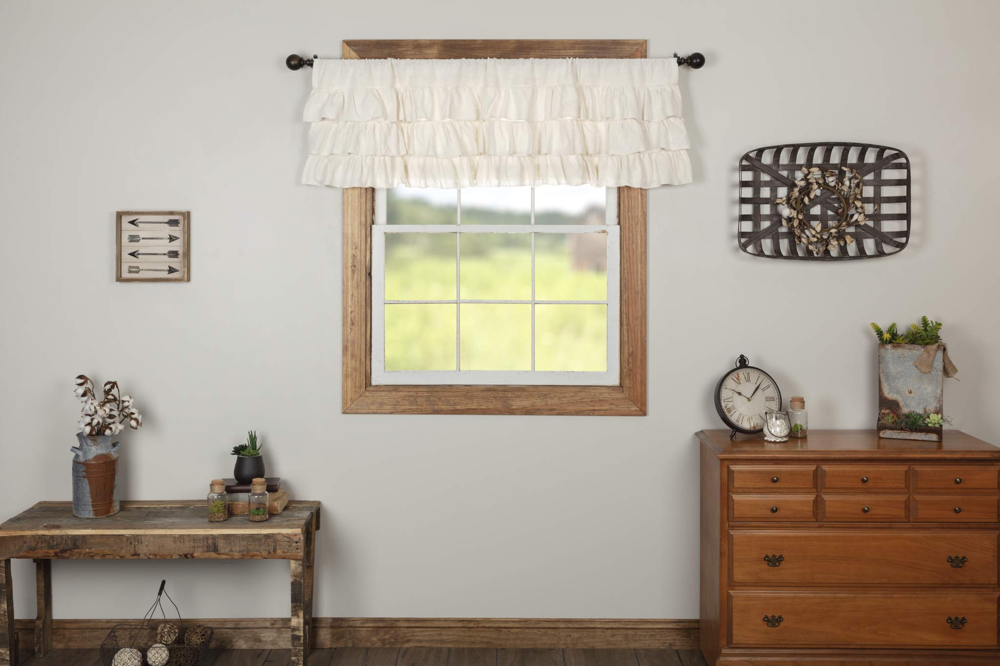 VHC Brands Country Kitchen Curtains - Farmhouse Style Burlap Valance with Rod Pocket, Antique White Ruffled Design, 16x60 Inches - Perfect for Rustic Kitchens, Dining Rooms & Farmhouse Decor