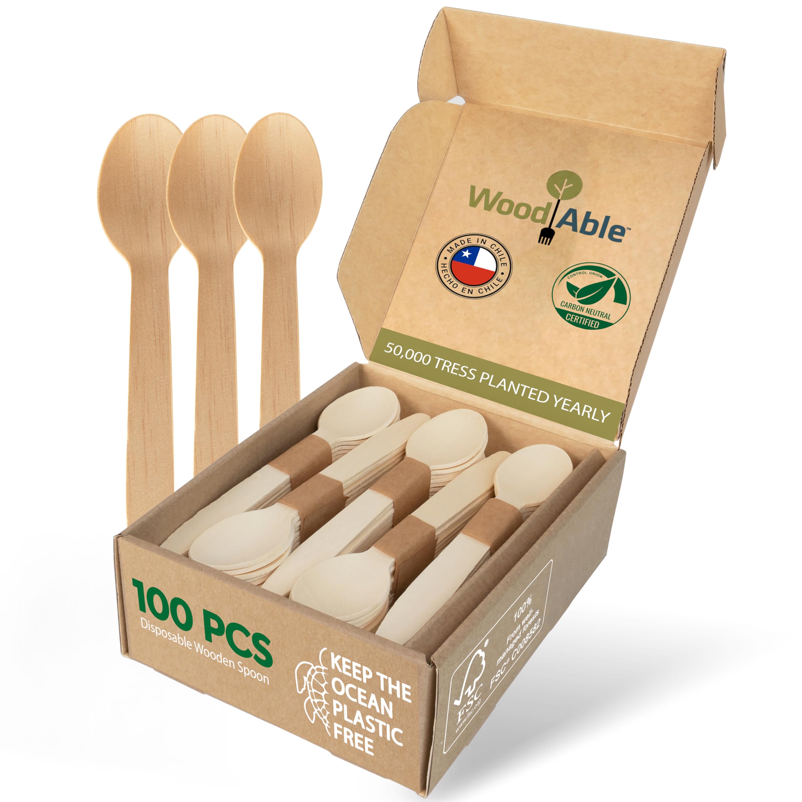 Eco-Friendly Disposable Wooden Cutlery Set - 100% Home Compostable Bamboo Spoons (100 Count, 6.5
