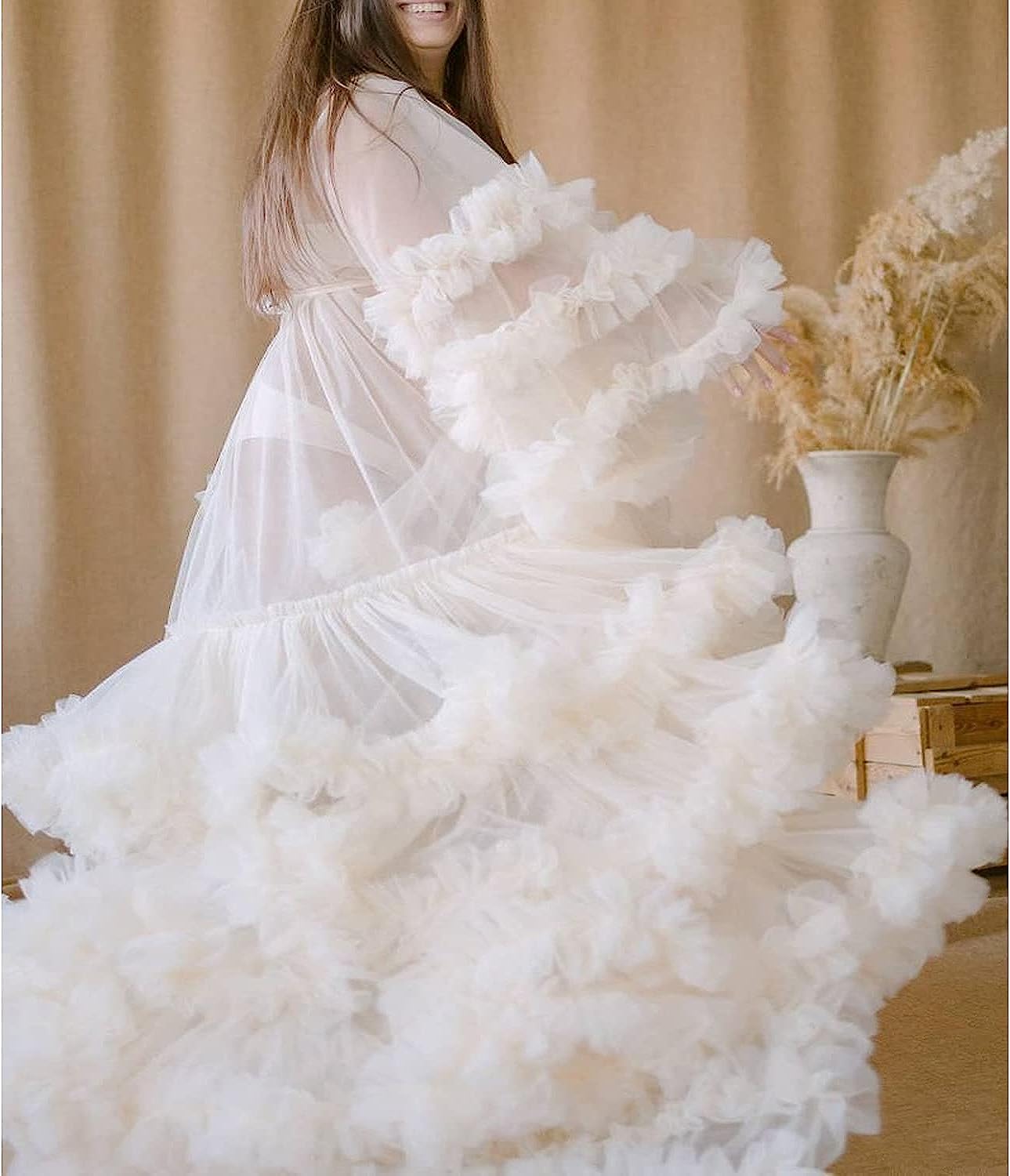 Elegant Tulle Maternity Robe - Long Lace Nightgown for Pregnancy Photoshoots & Baby Showers - Comfortable Nursing Dress for Expecting Mothers - Perfect for Maternity Photos, Bridal Showers & Special Occasions - SZPD09