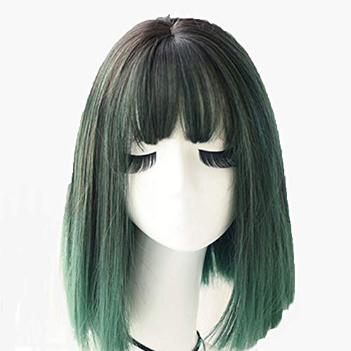 Short Bob Wigs with Flat Bangs - Straight Synthetic Cosplay Wig for Women in Peacock Green | Costume Party, Halloween, Cosplay, Theatrical Performances