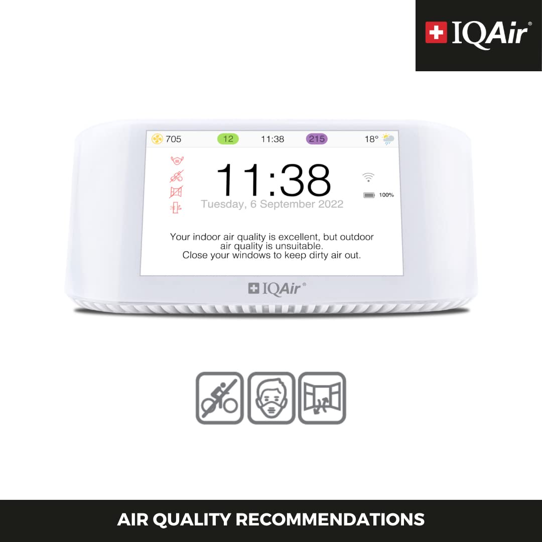 IQAir Indoor Air Quality Monitor - Swiss Design Professional Grade PM2.5 CO2 AQI Temperature Humidity Sensor with Real-Time Data & Forecasting | Home Office School Gym Monitoring System