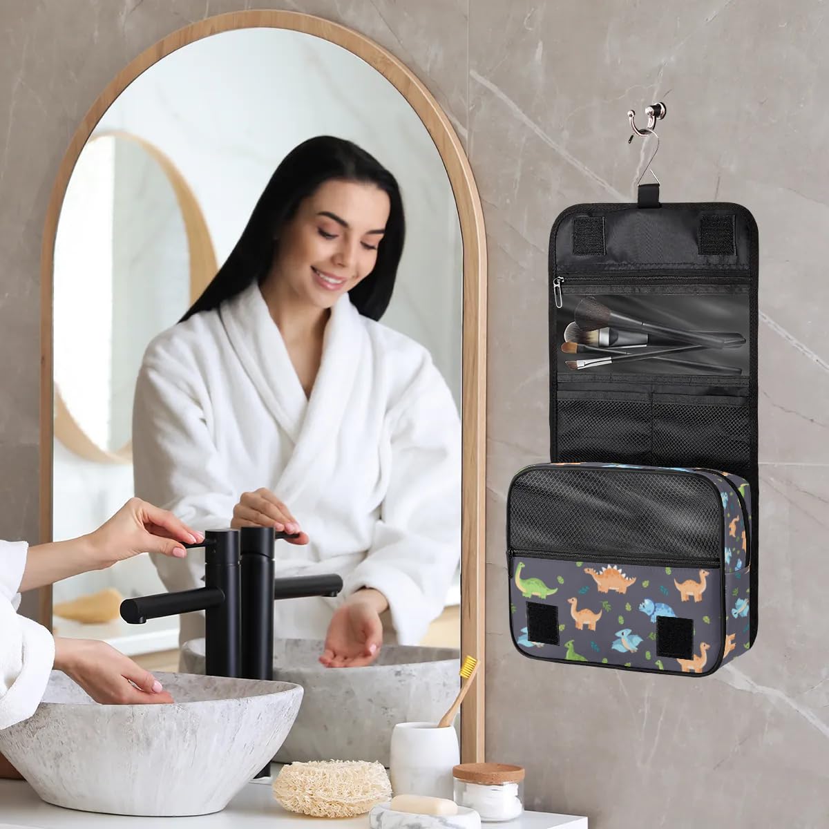 Dinosaur Hanging Travel Toiletry Bag with Hook - Waterproof Cosmetic Organizer for Men & Boys - Cute Cartoon Dino Makeup Case for Toiletries & Accessories - Perfect for Camping, Gym, Travel & Daily Use