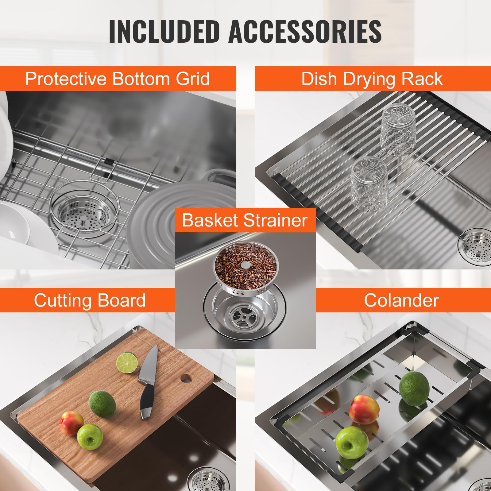 VEVOR 30 Inch 304 Stainless Steel Kitchen Sink - Single Bowl Drop-In/Undermount Design with Drainboard & Accessories - Perfect for Home Kitchens, RV, Prep Stations & Bars - Durable & Stylish Sink for Dishwashing, Food Prep & Entertaining