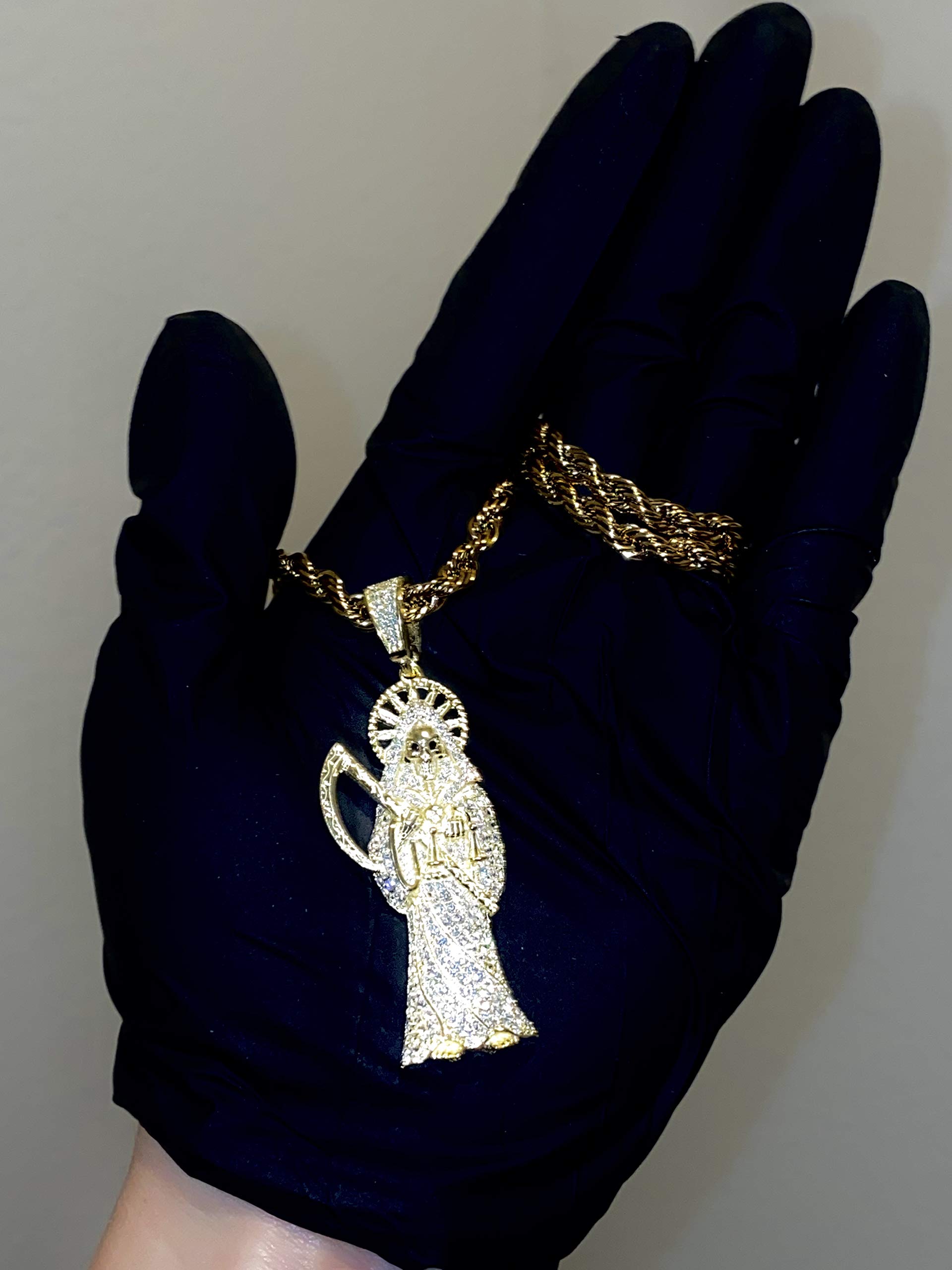 925 Sterling Silver Santa Muerte Pendant Necklace for Men & Women - Italian Gold Finish Iced Out Charm with 2mm Stainless Steel Rope Chain - Perfect for Gifts, Everyday Wear & Gothic Fashion Accessories