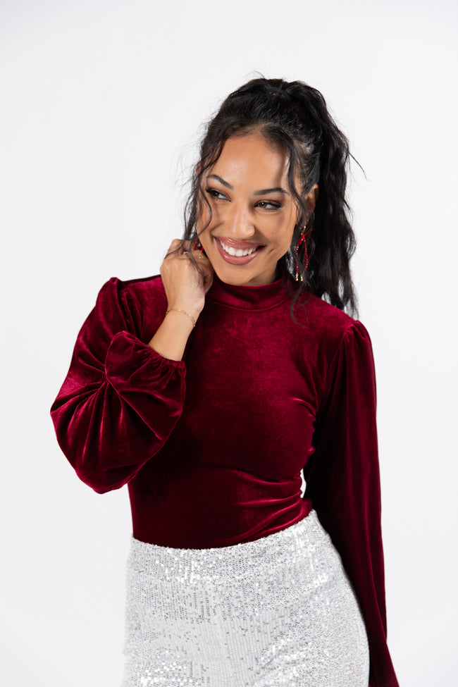 Elegant Open Back Velvet Mock Neck Bodysuit - Women's Stretchy Velvet Bodysuit for Evening Parties & Date Nights - FINAL SALE