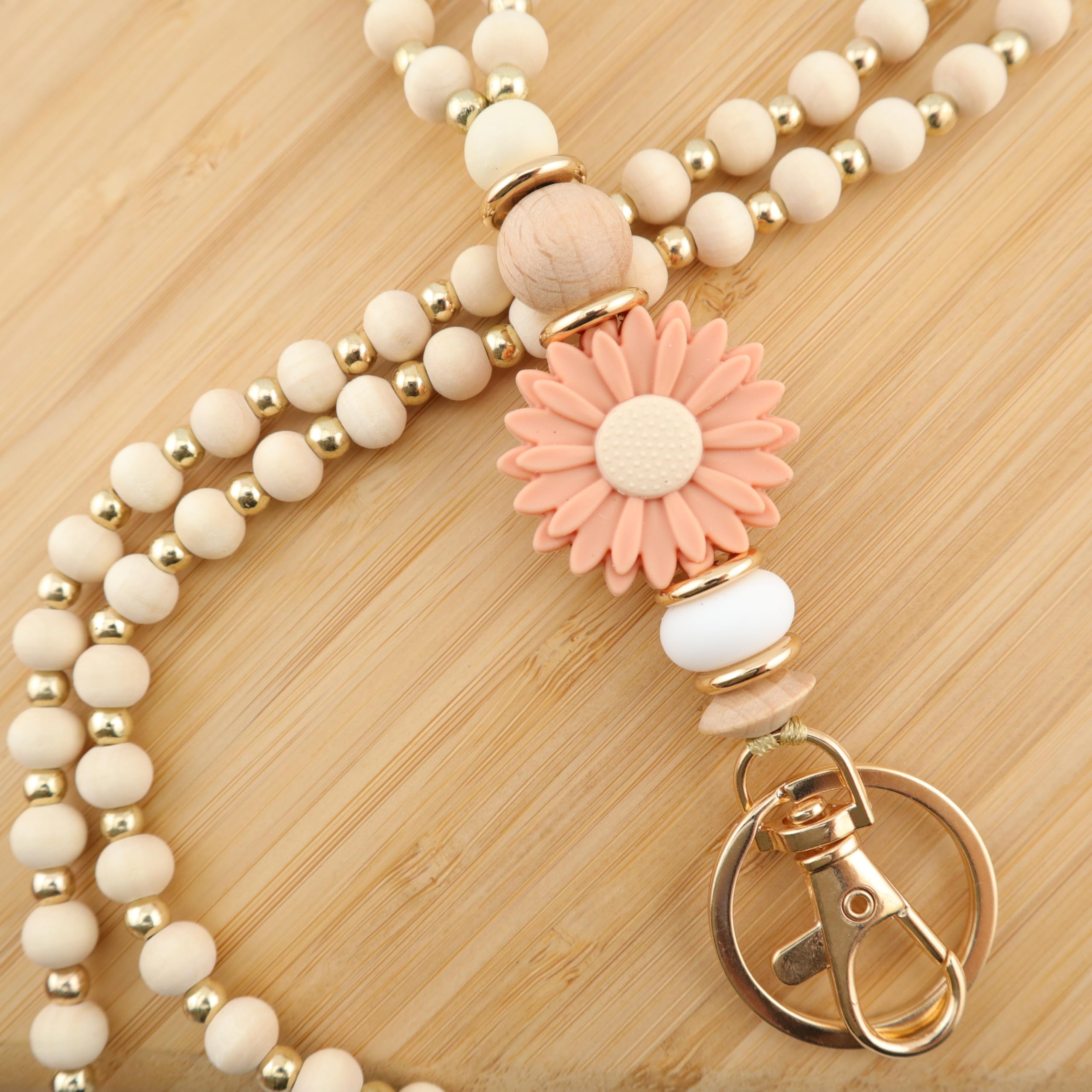 Floral Wooden Beaded Lanyard for Teachers & Nurses - ID Badge Holder