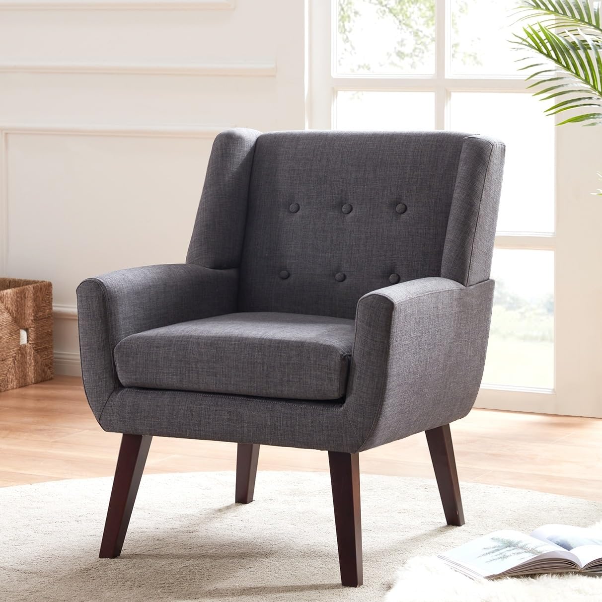 HUIMO Mid Century Modern Accent Chair - Upholstered Button Tufted Armchair with Linen Fabric, Comfortable Reading Chair for Living Room, Bedroom & Office (Grey) - Perfect for Relaxing, Reading & Home Decor