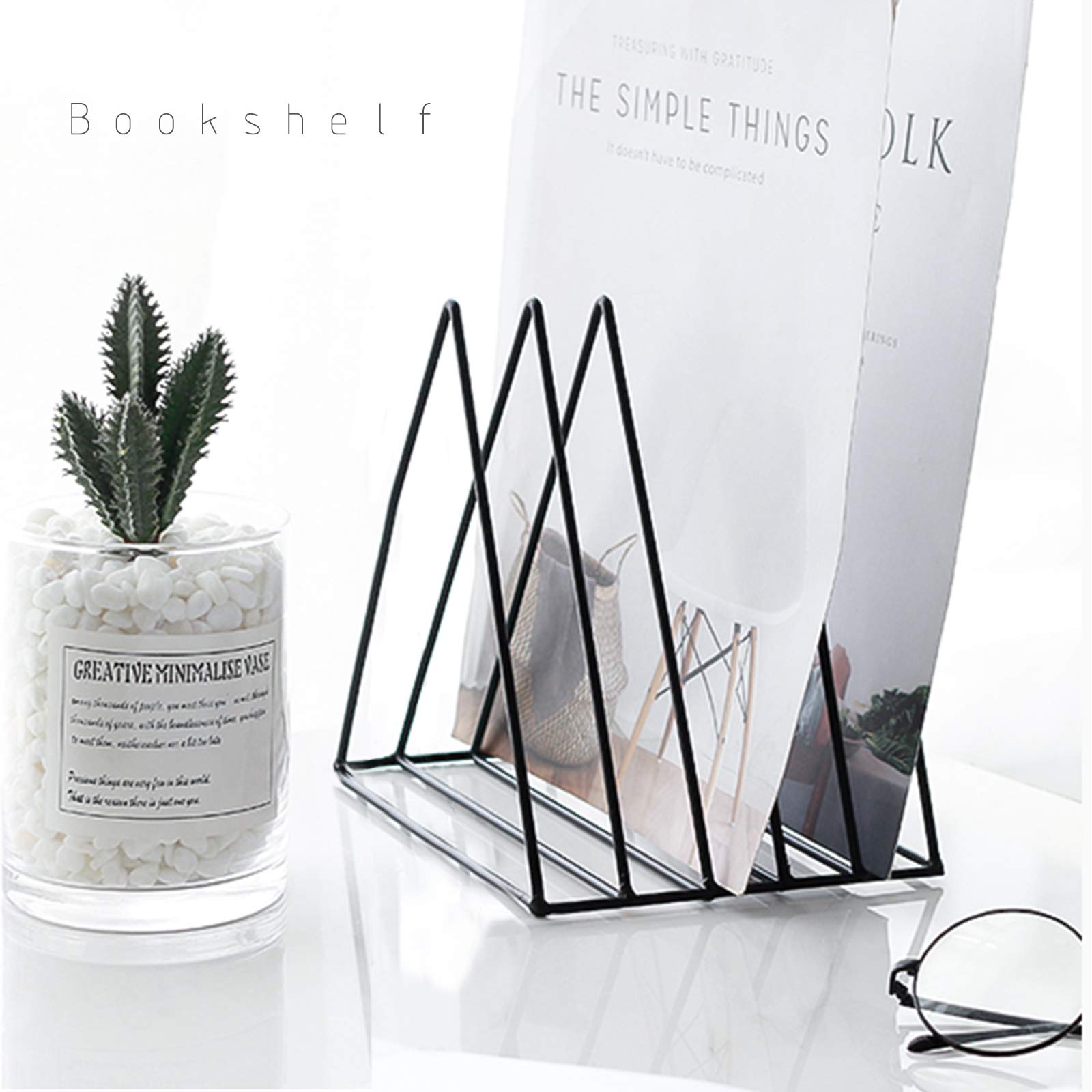 QPEY 5-Slot Metal Triangle File Holder - Vinyl Record Stand, Magazine & Newspaper Organizer - Office & Home Storage Solution - Photography Props - Black (1 Piece) - Perfect for Desk Organization & Display