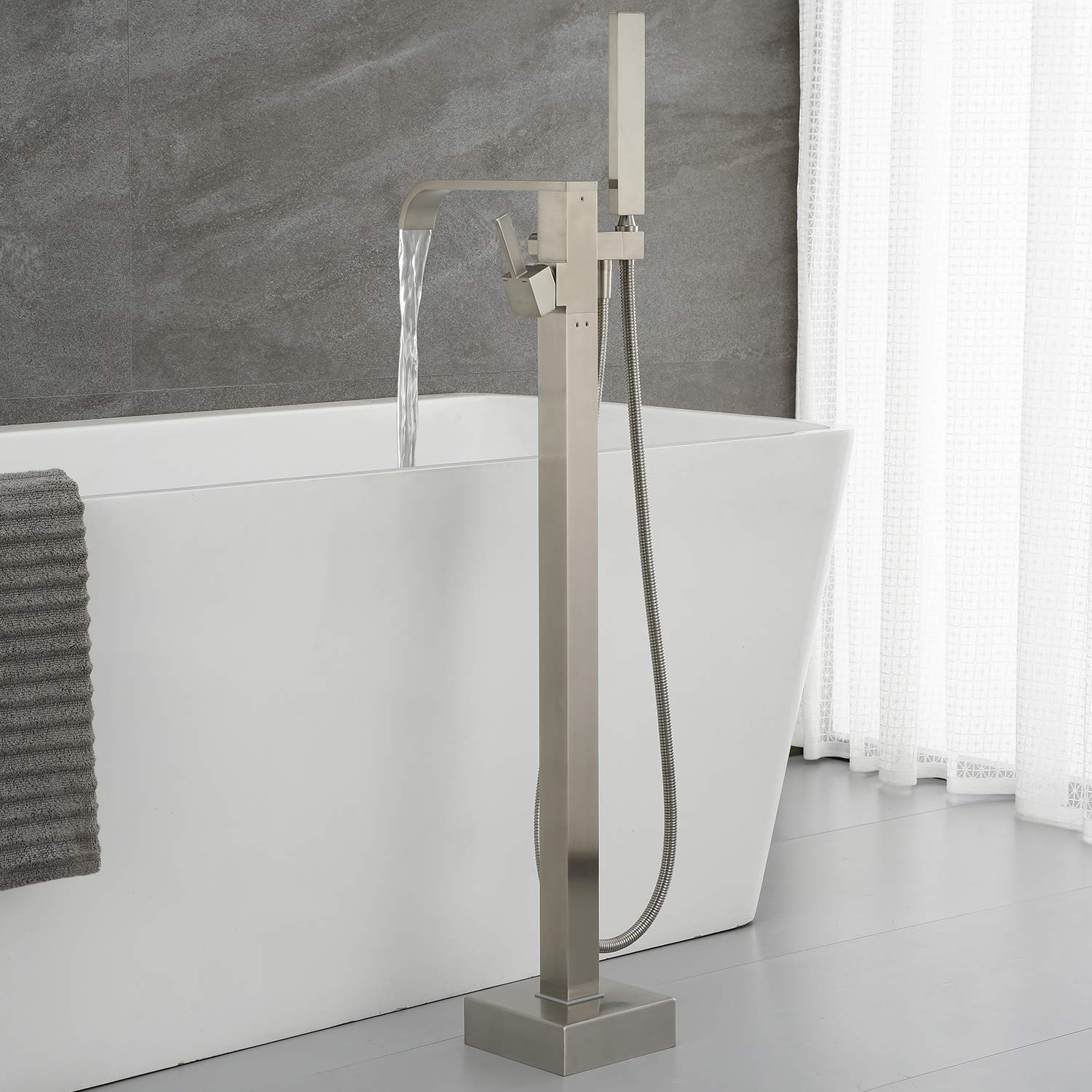 Freestanding Bathtub Faucet - Brushed Nickel Floor Mount Tub Filler with Single Handle & Hand Shower - Durable Brass Construction for Modern Bathrooms | Perfect for Spa-Like Relaxation and Luxurious Bath Experiences