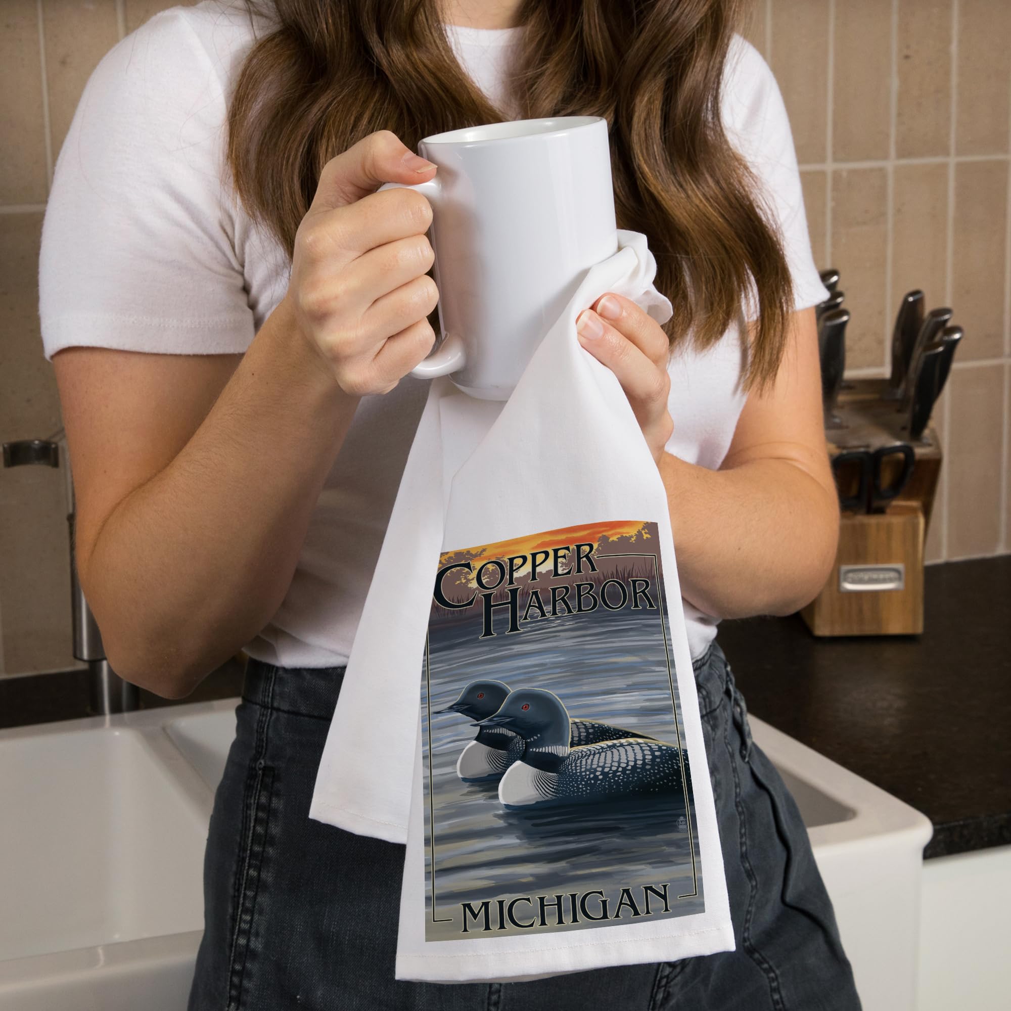 Lantern Press Copper Harbor Michigan Loon Family 100% Cotton Tea Towel - Decorative Hand Towel for Kitchen, Home Decor & Gift - Perfect for Dish Drying, Wall Art & Cozy Farmhouse Style