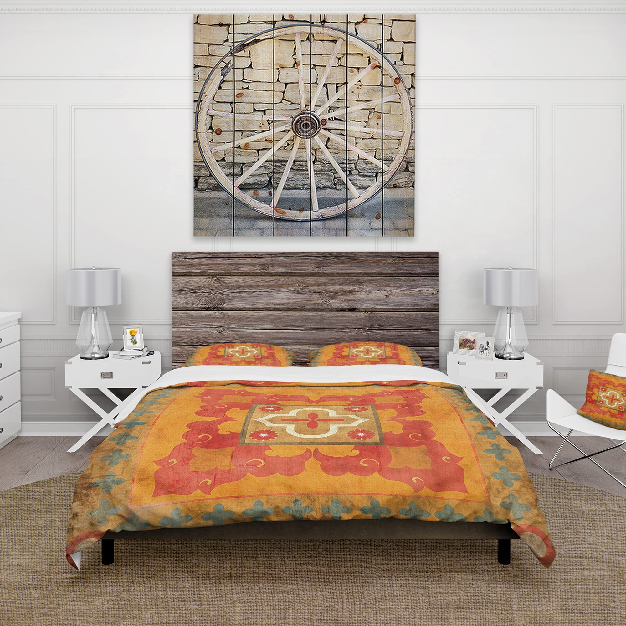 Bohemian Moroccan Orange Tiles Duvet Cover Set King Size - 3 Piece All Season Bedding with Eclectic Design | Perfect for Boho Chic, Eclectic & Moroccan Style Bedrooms