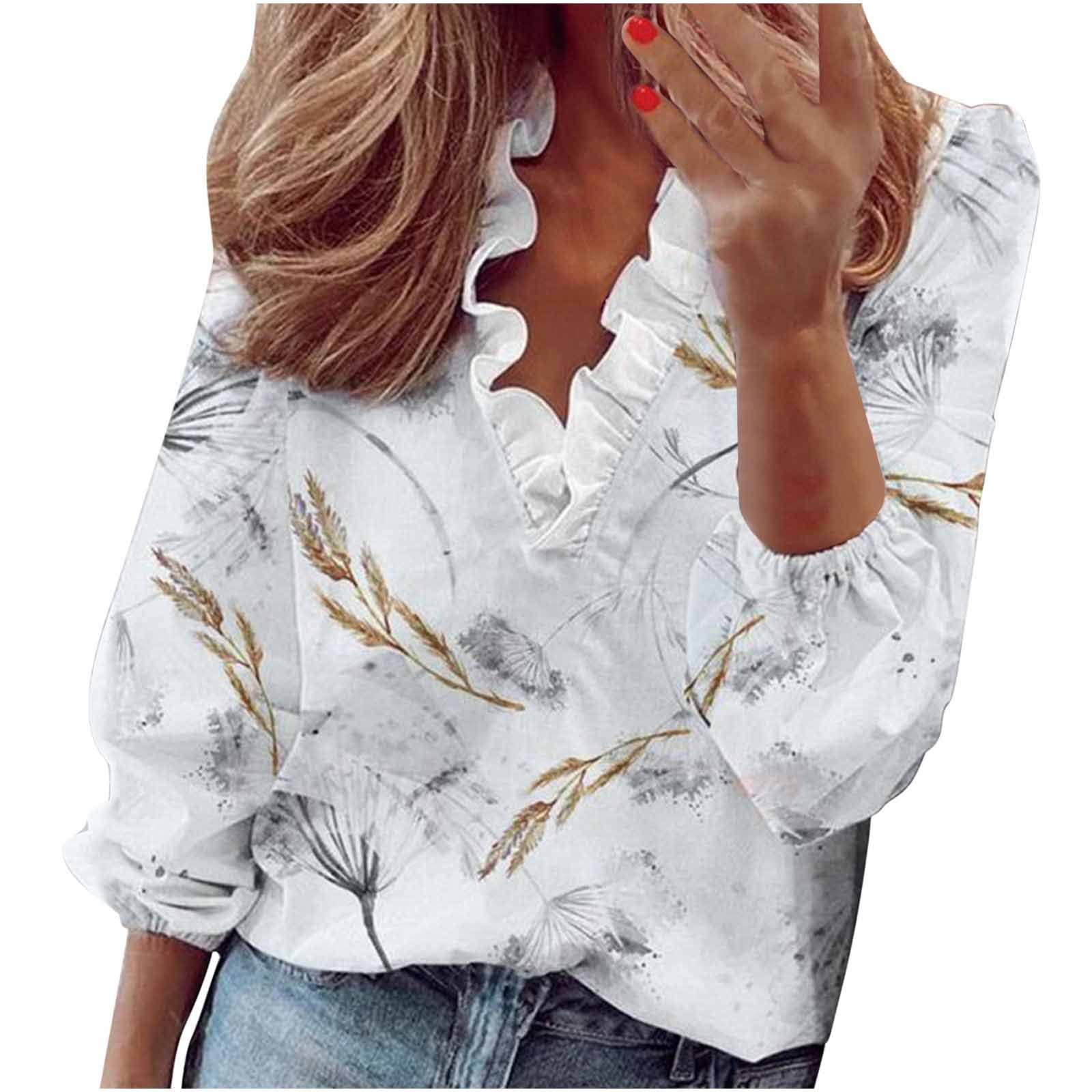 Women's Floral Blouse - Baggy Long Sleeve Ruffle Hem V-Neck Loose Fit T-Shirt | Trendy Graphic Tee for Casual Wear, Date Night & Office Outfits