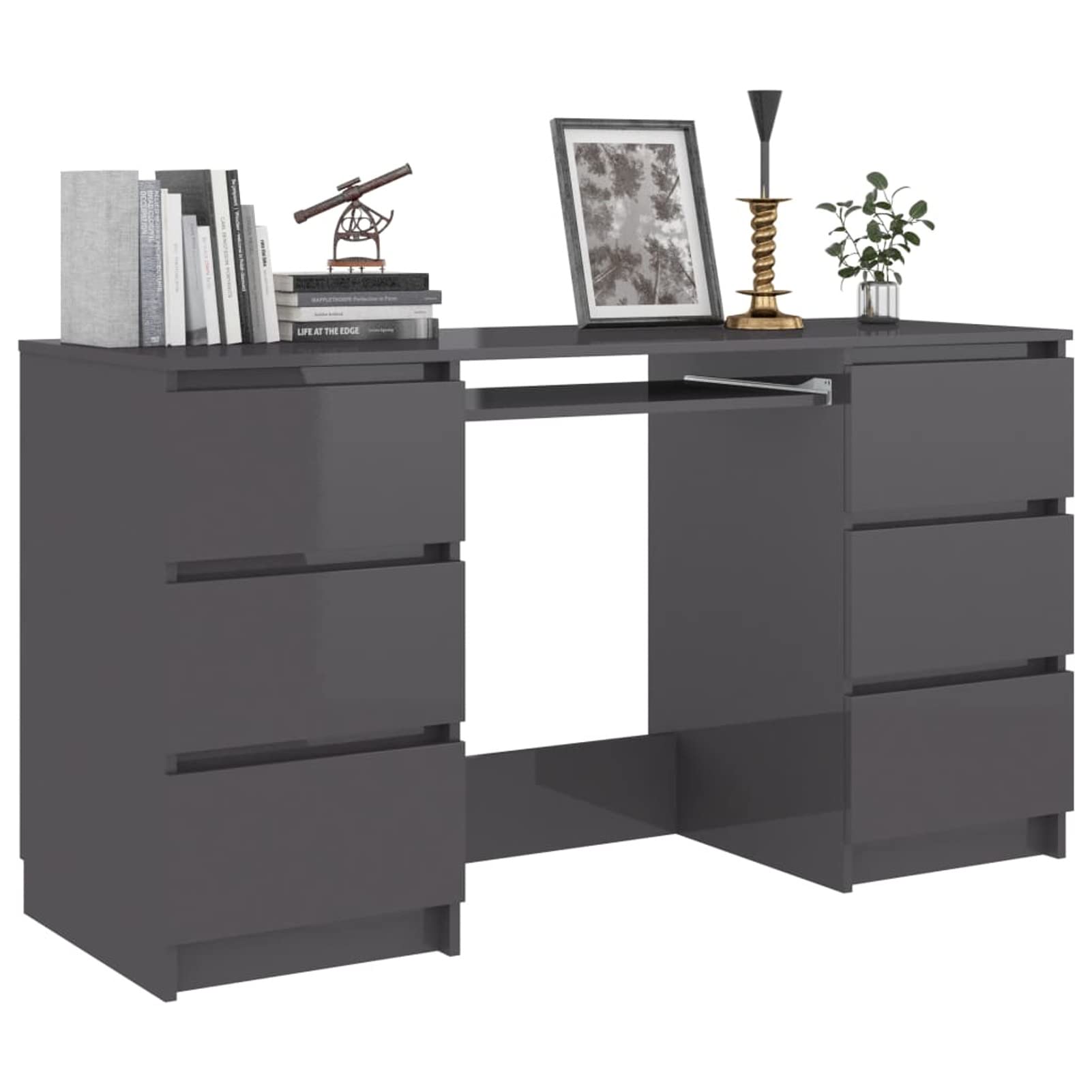 Modern Computer Desk with 6 Storage Drawers - Sturdy Chipboard Writing Desk for Home Office, Gaming & Study - High Gloss Gray (55.1